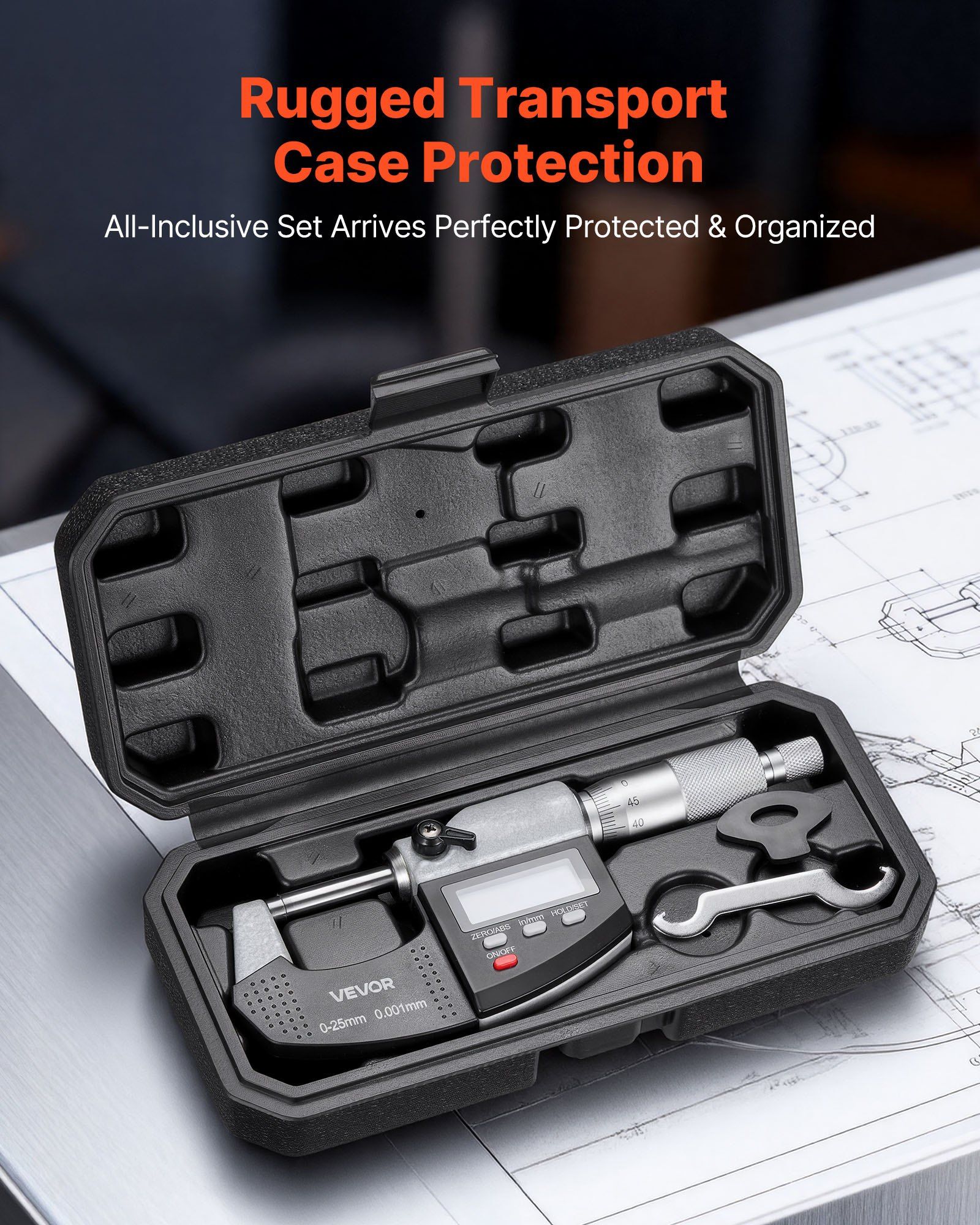 Micrometer Set, Digital Outside Micrometer 0-25.4 mm Measuring Range, 0.001 mm Resolution, Ultra-Precision Accuracy, LCD Screen, in/mm Switch, Carbide Tip, with Protective Case