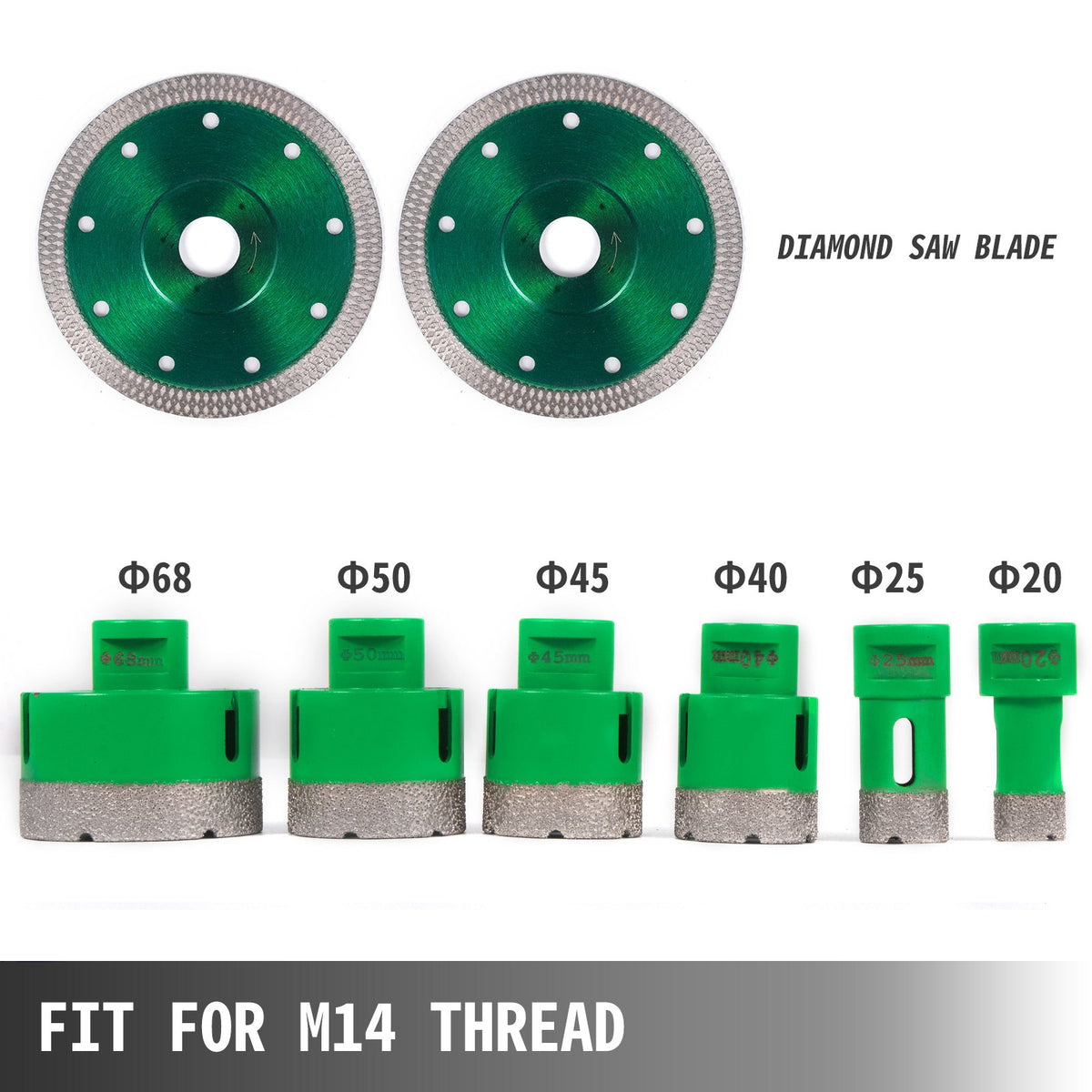 VEVOR 6PCS Diamond Hole Saw Set, Diamond Drill Core Bits with Saw Blade, Heavy Duty Hole Saw Arbor 20/25/40/45/50/68 mm M14 Thread Carborundum Granite for Glass, Ceramics, Porcelain, Ceramic Tile
