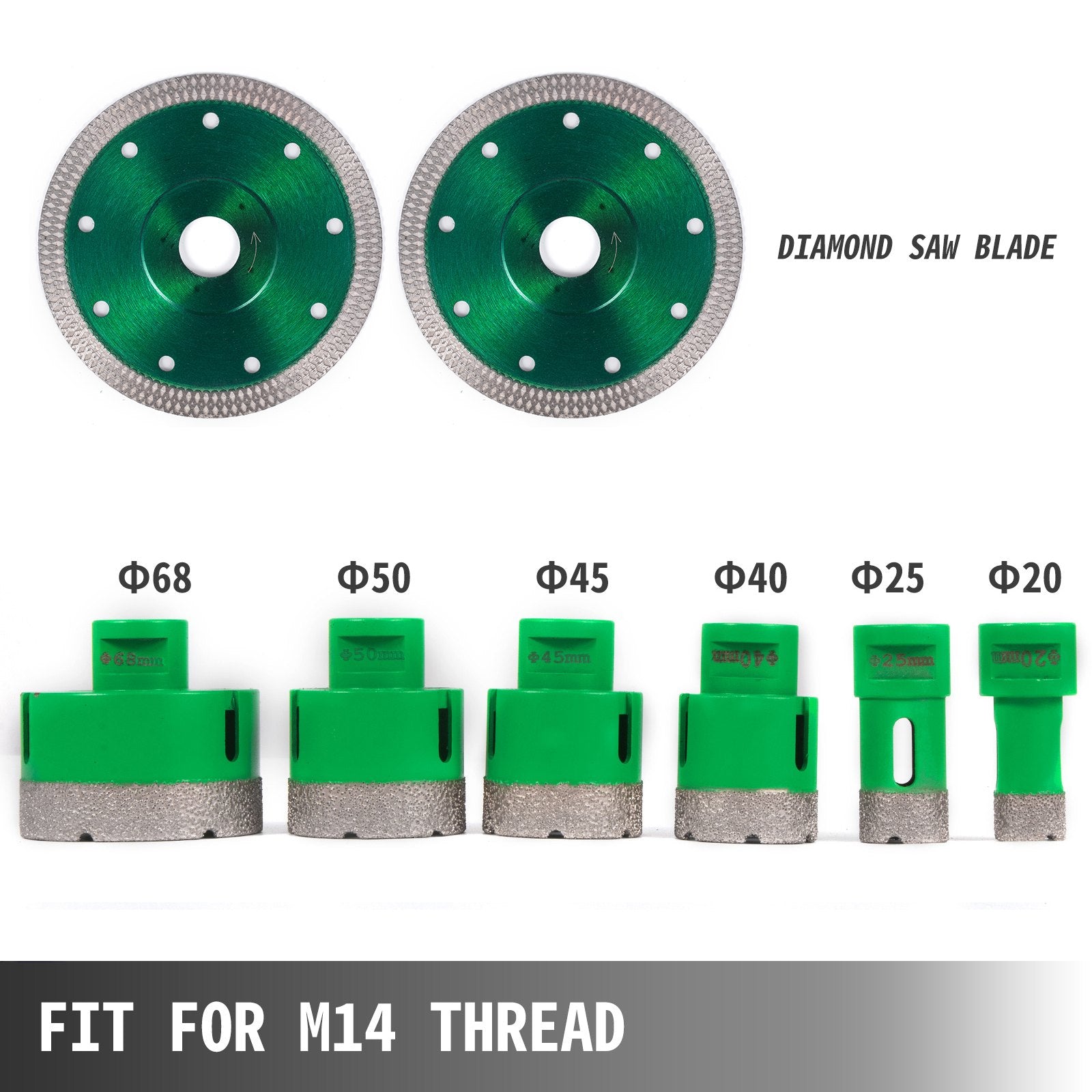 VEVOR 6PCS Diamond Hole Saw Set, Diamond Drill Core Bits with Saw Blade, Heavy Duty Hole Saw Arbor 20/25/40/45/50/68 mm M14 Thread Carborundum Granite for Glass, Ceramics, Porcelain, Ceramic Tile
