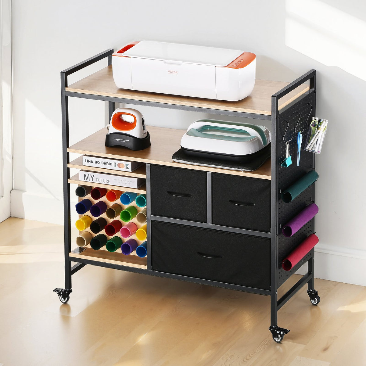 Rolling Craft Cart and Storage Table with 20 Vinyl Roll Holders 3 Drawers Black