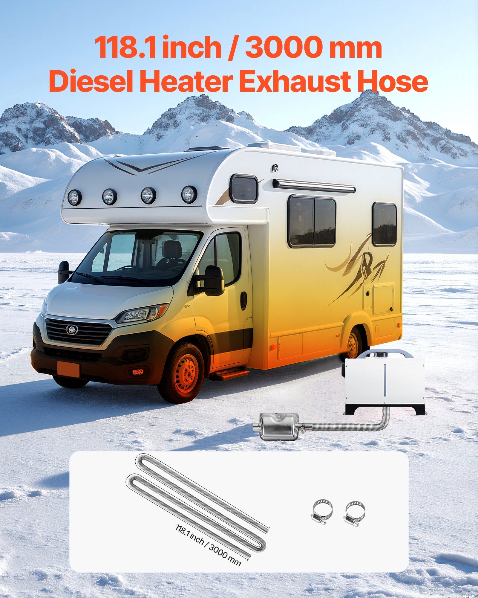 Exhaust Hose, 3000mm Stainless Steel Exhausts Hose, Diesel Heater Flexible Exhaust Pipe with 2 Hose Clamps, Exhausts Hoses Kit Diesel Heater Accessories for 2KW 5KW 8KW Diesels Heaters