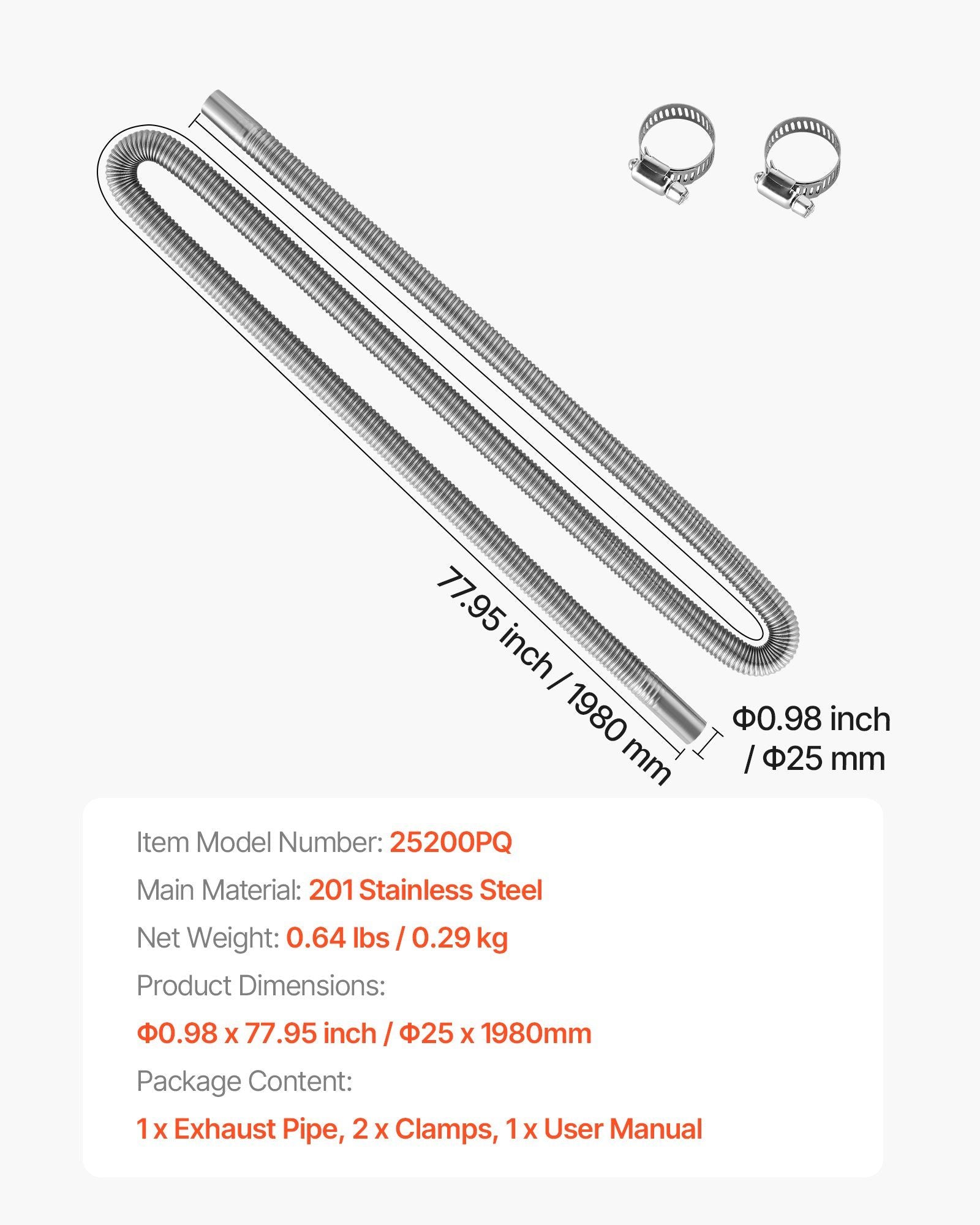 Exhaust Hose, 1980mm Stainless Steel Exhausts Hose, Diesel Heater Flexible Exhaust Pipe with 2 Hose Clamps, Exhausts Hoses Kit Diesel Heater Accessories for 2KW 5KW 8KW Diesels Heaters