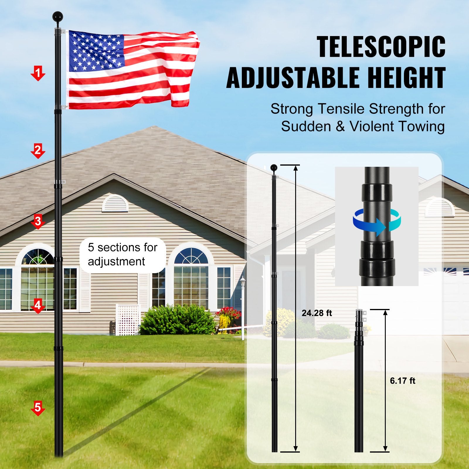 VEVOR 25FT Telescopic Flagpole Kit, Heavy Duty Aluminum Alloy Flag Pole Kit in Ground for Outside, 3 Display Modes Flagpole with Professional Accessories, Black