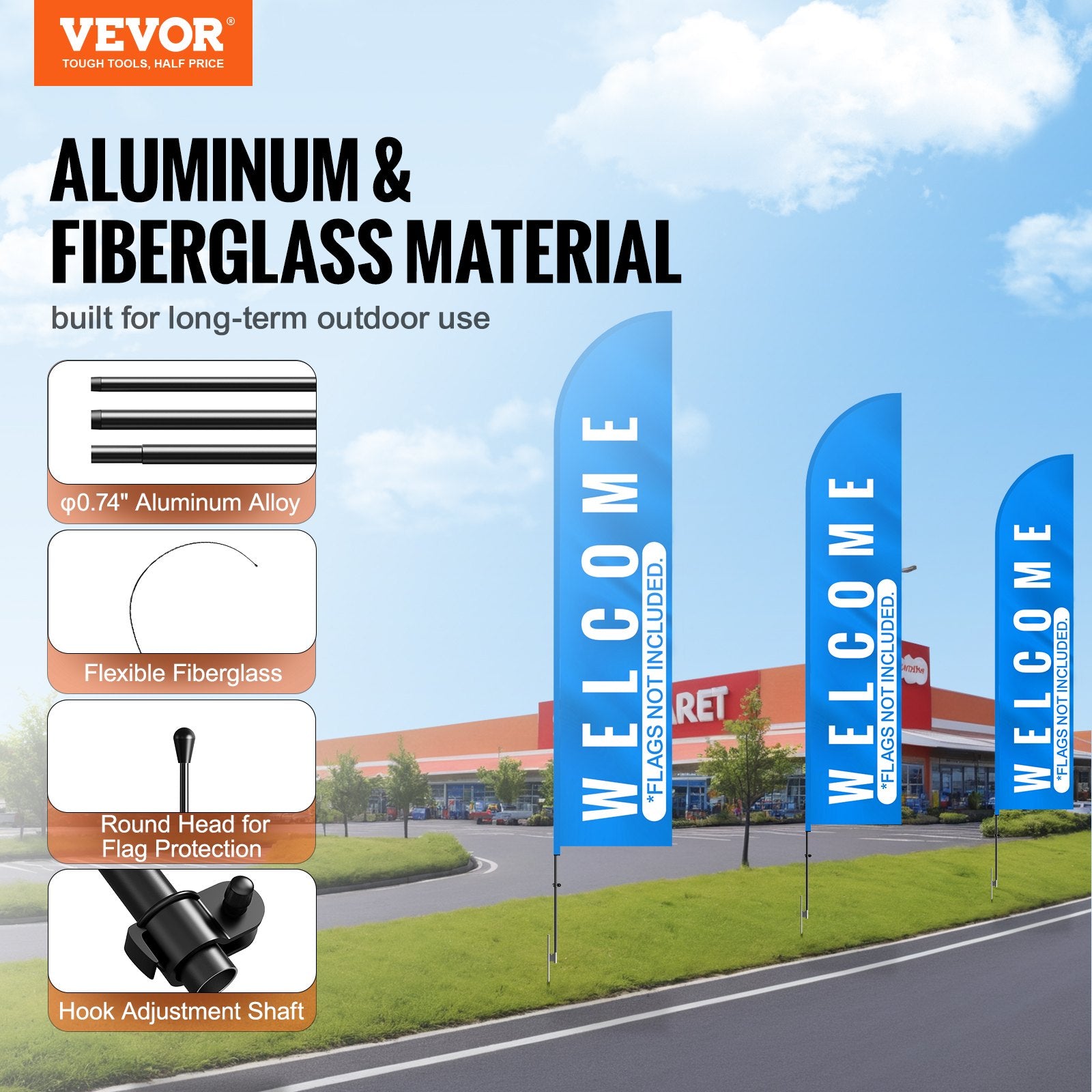 VEVOR Feather Flag Pole Kit, Swooper Flag Pole Set 16.3 ft, Sign Flag Poles for Business Advertising Flags Outdoor, with A Ground Stake and Carrying Bag (Flag Not Included)