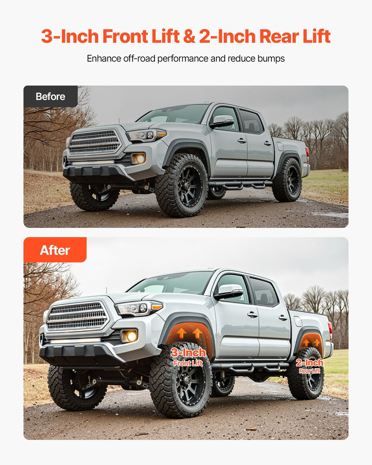 76.2 mm Front and 50.8 mm Rear Leveling Lift Kit for 2005-2021 2022 2023 Toyota Tacoma 2WD/4WD, Chassis Level Kit with 2 Front Strut Spacers, 2 Rear Lift Blocks, 4 U-Bolts, Suspension Level Kit