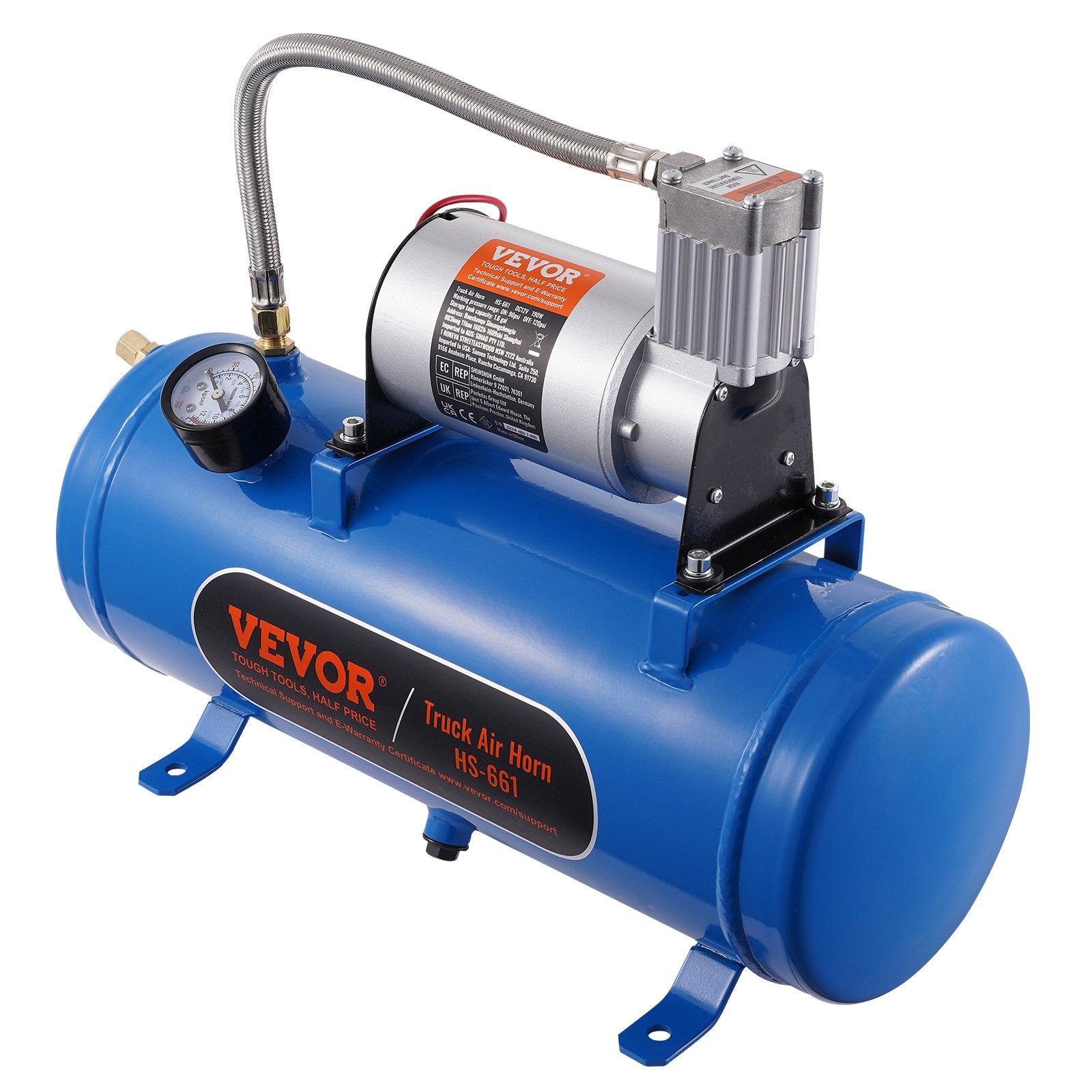 VEVOR 12V Air Compressor with Tank 1.6 Gallon/6 L, Train Horn Air Compressor, 120 psi Working Pressure Onboard Air Compressor System for Train Air Horns, Inflating Tires, Air Mattresses