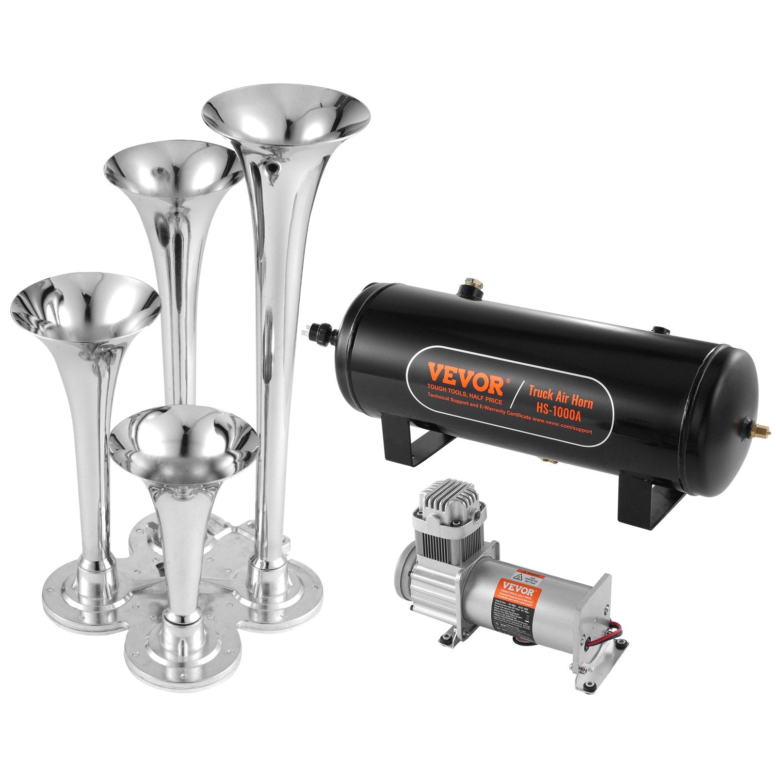 VEVOR Train Horns Kit, 4 Trumpet Air Horn Kit, 150dB Train Horns for Pickup Trucks, 12V 160 psi Air Compressor 2.6 Gal/10 L Tank with Gauge for Any 12V Vehicle Car Truck Train Van Boat