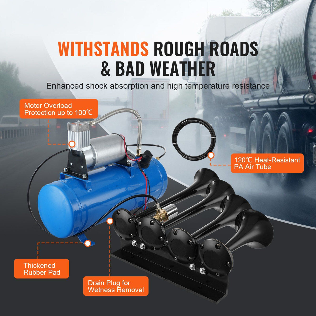 Train Horns Kit, 4 Trumpet Air Horn Kit, 150dB Train Horns for Pickup Trucks, 12V 120 psi Air Compressor 1.6 Gal/6 L Tank with Gauge for Any 12V Vehicle Car Truck Train Van Boat
