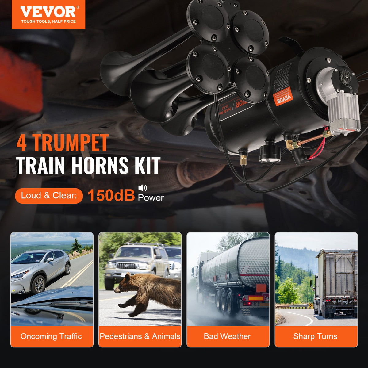 VEVOR Train Horns Kit, 4 Trumpet Air Horn Kit, 150dB Train Horns for Pickup Trucks, 12V 120 psi Air Compressor 0.8 Gal/3 L Tank with Gauge for Any 12V Vehicle Car Truck Train Van Boat