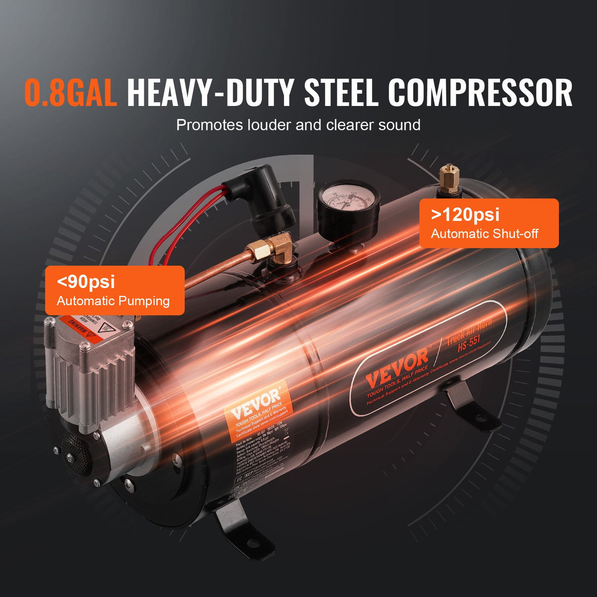 VEVOR Train Horns Kit, 4 Trumpet Air Horn Kit, 150dB Train Horns for Pickup Trucks, 12V 120 psi Air Compressor 0.8 Gal/3 L Tank with Gauge for Any 12V Vehicle Car Truck Train Van Boat