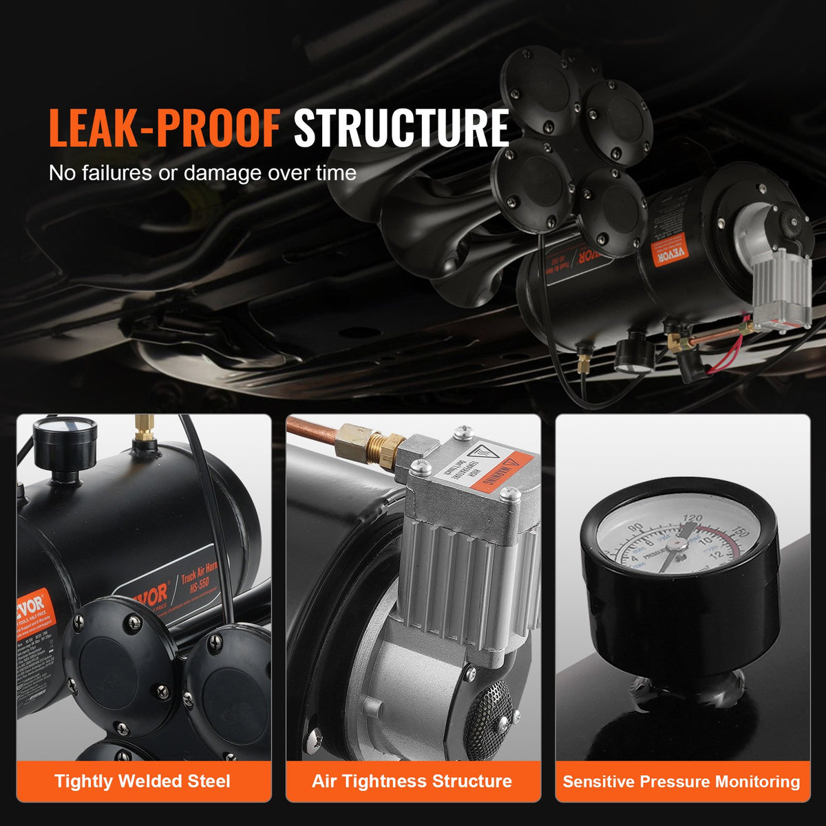 VEVOR Train Horns Kit, 4 Trumpet Air Horn Kit, 150dB Train Horns for Pickup Trucks, 12V 120 psi Air Compressor 0.8 Gal/3 L Tank with Gauge for Any 12V Vehicle Car Truck Train Van Boat