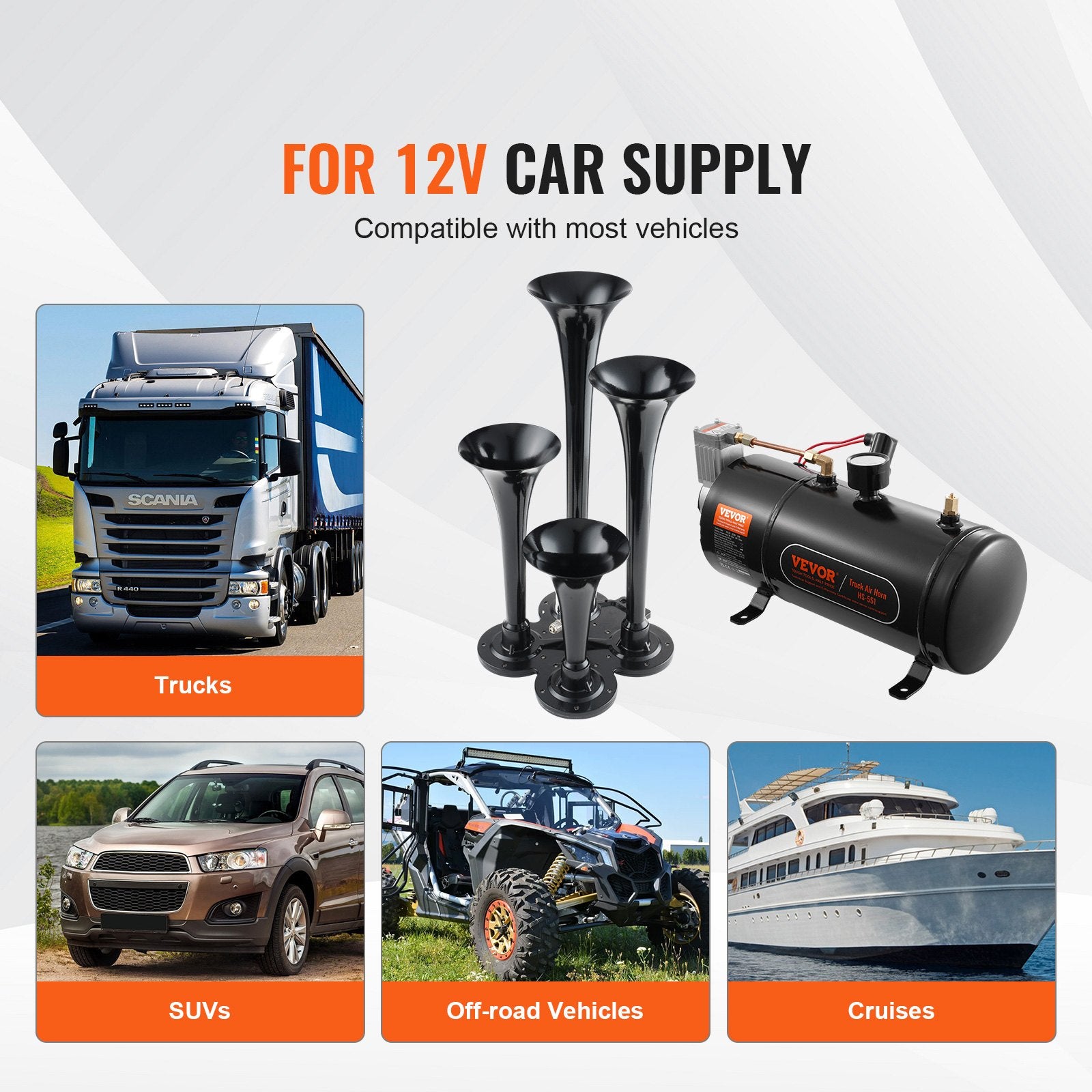 VEVOR Train Horns Kit, 4 Trumpet Air Horn Kit, 150dB Train Horns for Pickup Trucks, 12V 120 psi Air Compressor 0.8 Gal/3 L Tank with Gauge for Any 12V Vehicle Car Truck Train Van Boat