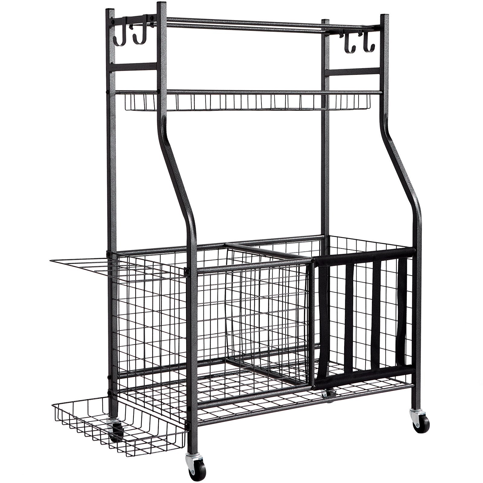 VEVOR Sports Equipment Garage Organizer, Rolling Ball Storage Cart on Wheels, Basketball Rack with Baskets & Hooks, Indoor/Outdoor Sports Gear and Toys Storage, Steel Sports Equipment Organizer, Black