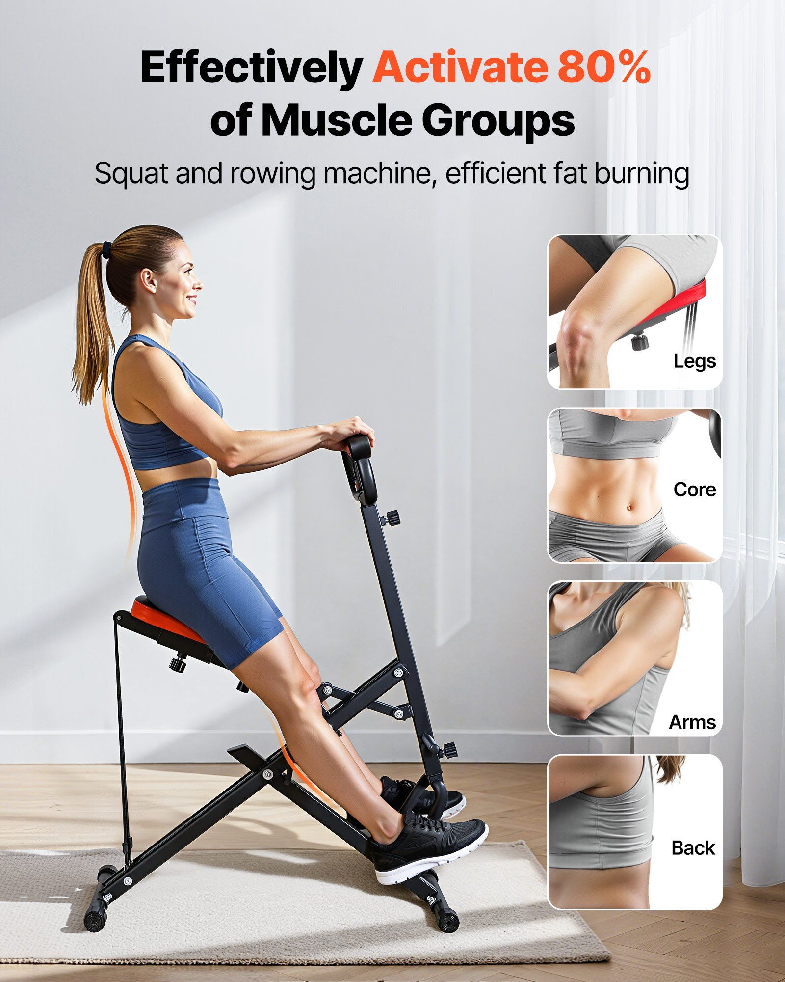Squat Machine, Deep Squat Rowing Machine for Home, Easy Setup & Foldable Exercise Equipment, Glute Trainer Machine with 3 High-Strength Resistance Bands, Glutes & Leg Home Workout Machine, Black