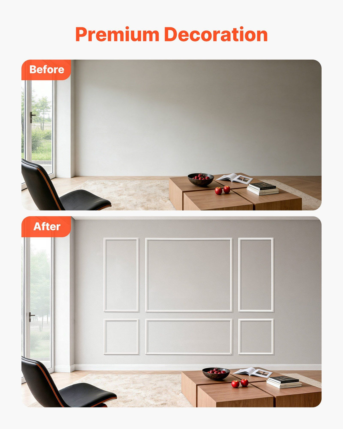 Wall Molding 3 Pack, Wainscoting Panels Kit, Lightweight Paintable Polystyrene, Easy to Install Accent Wall Trim for Interior Décor Living Room, Bedroom, Home, White (58x143 + 58x58 cm)