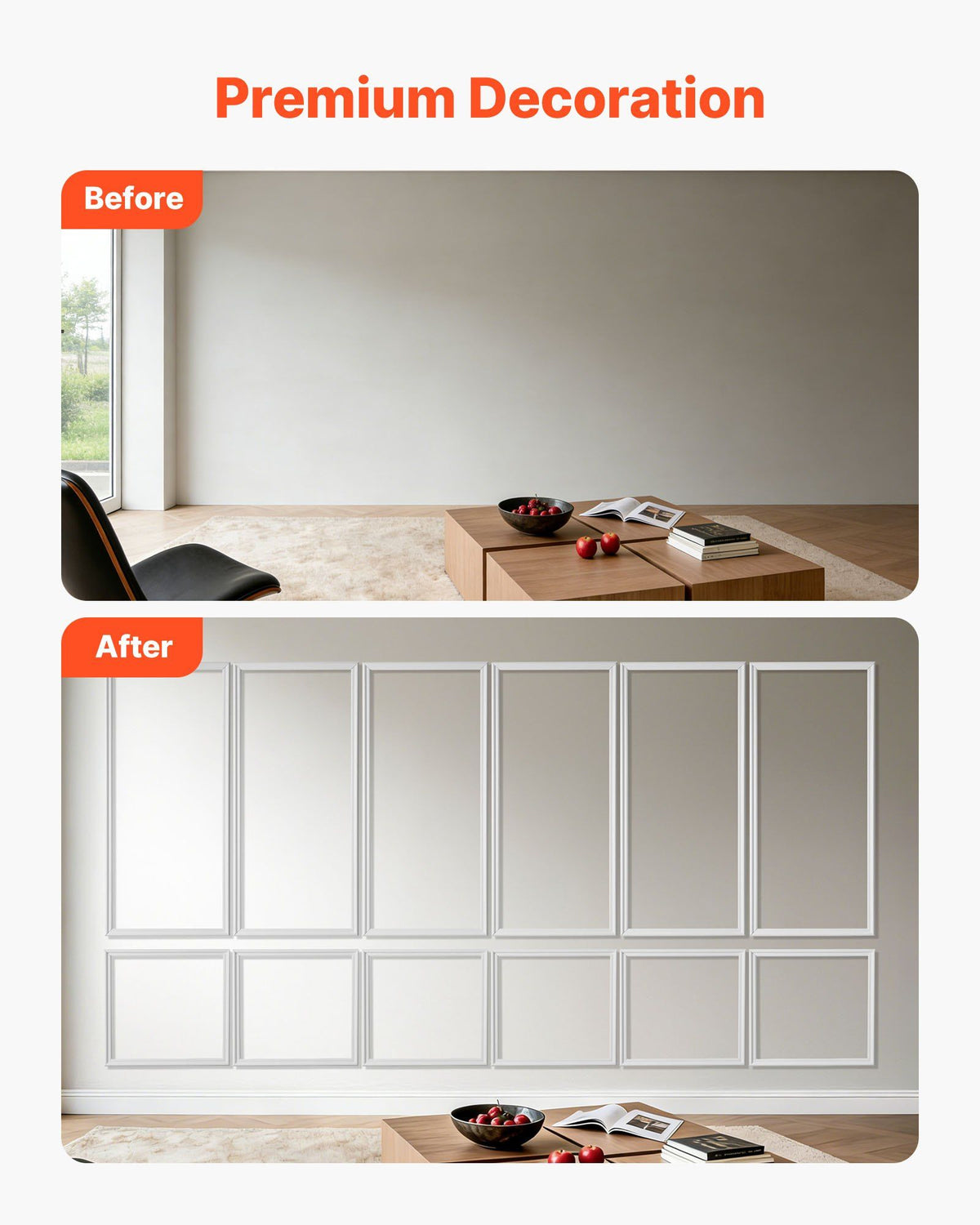 Wall Molding 6 Pack, Wainscoting Panels Kit, Lightweight Paintable Polystyrene, Easy to Install, Waterproof Accent Wall Trim for Interior Décor Living Room, Bedroom, White (61x137 + 61x61 cm)