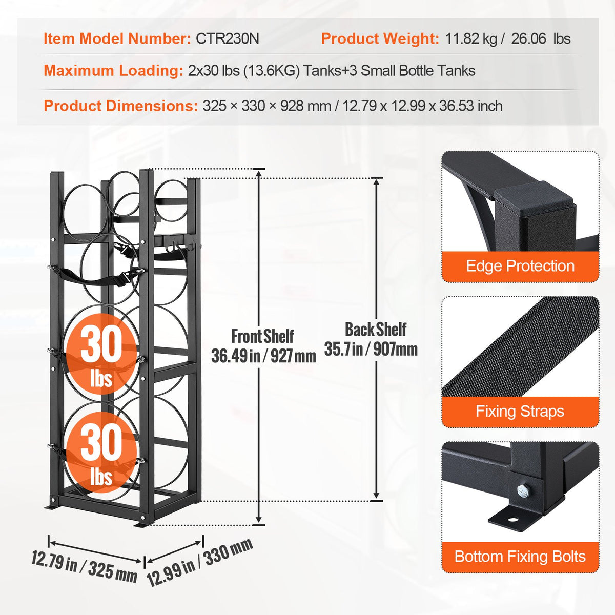 VEVOR Refrigerant Tank Rack, with 2 x 30lbs and Other 3 Small Bottle Tanks, Cylinder Tank Rack 12.79x12.99x47.12 in, Refrigerant Cylinder Rack and Holders for Freon, Gases, Oxygen, Nitrogen