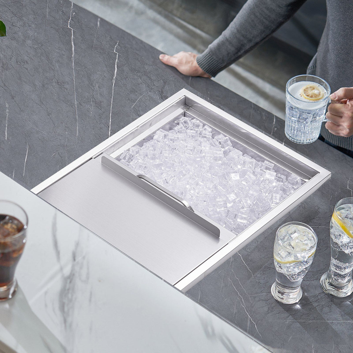 Drop in Ice Chest, 24"L x 18"W x 13"H Stainless Steel Ice Cooler, Commercial Ice Bin with Sliding Cover, 40.9 qt Outdoor Kitchen Ice Bar, Drain-pipe and Drain Plug Included, for Cold Wine Beer