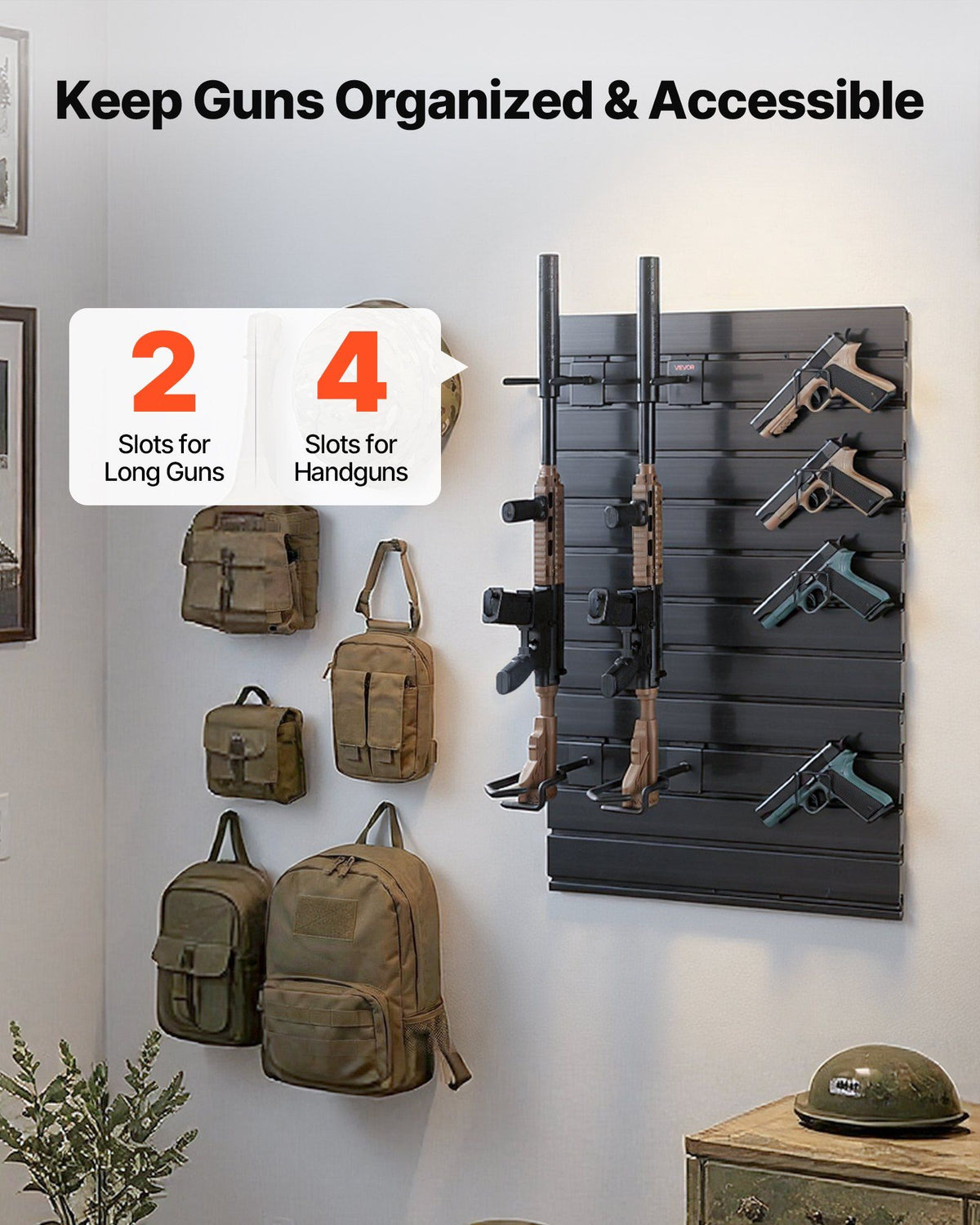 Gun Rack, Wall Mount, Tactical Rifle Shotgun Handgun Storage, Heavy-Duty PVC Panels & Steel Wall Racks, Securely Holds up to 2 Rifles & 4 Pistols, Modular Firearms Gun Gear Accessories Organizer