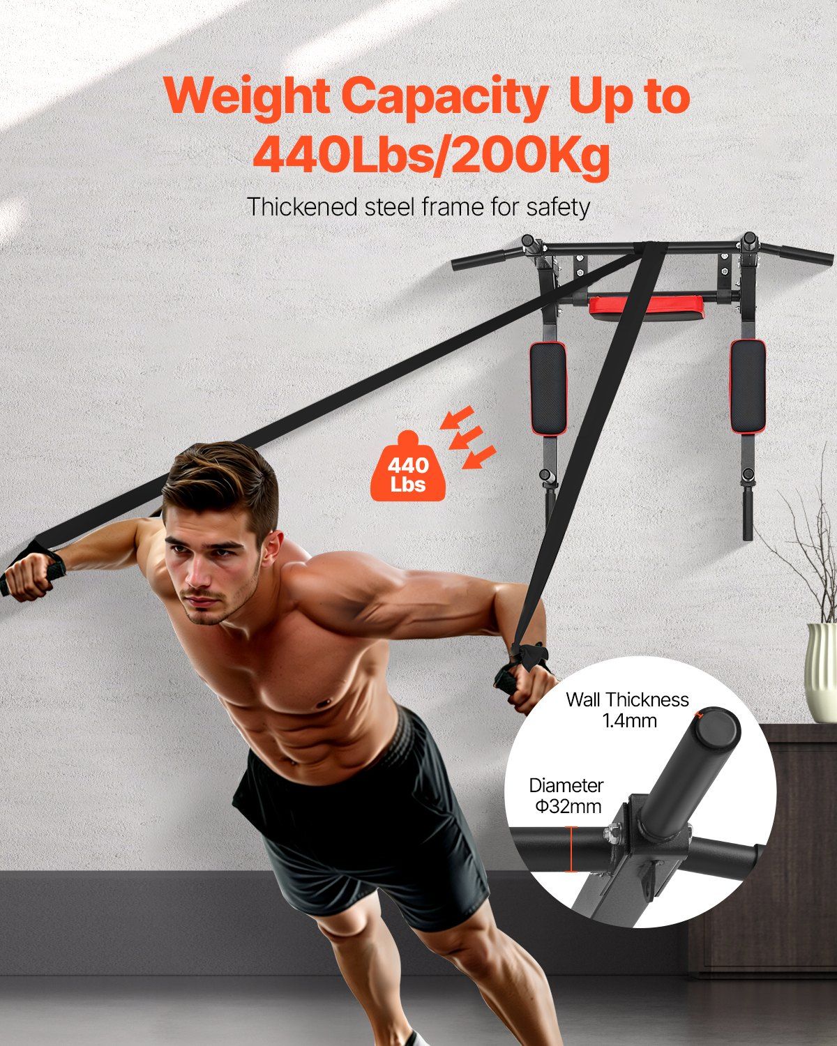 Multifunctional Pull Up Bar, Wall Mounted Chin Up Bar Dip Station for Home Gym, Heavy Duty Steel Upper Body Workout Pull Ups, Power Tower Set Training Equipment Fitness, 440 lbs Weight Capacity