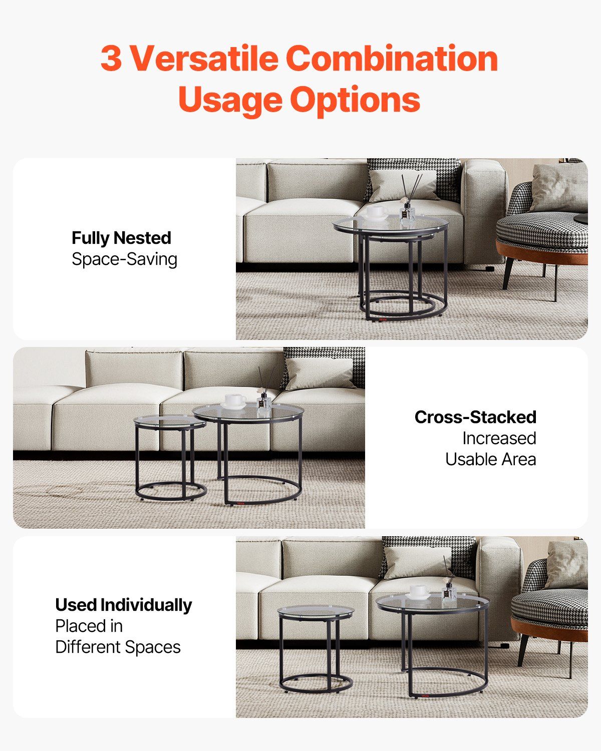 Nesting Coffee Table Set of 2, 600 mm Round Coffee Table, Glass Nesting Tables for Small Place, Modern End Side Tables Night Stand with Metal Frame, for Living Room, Bedroom, Balcony, Office