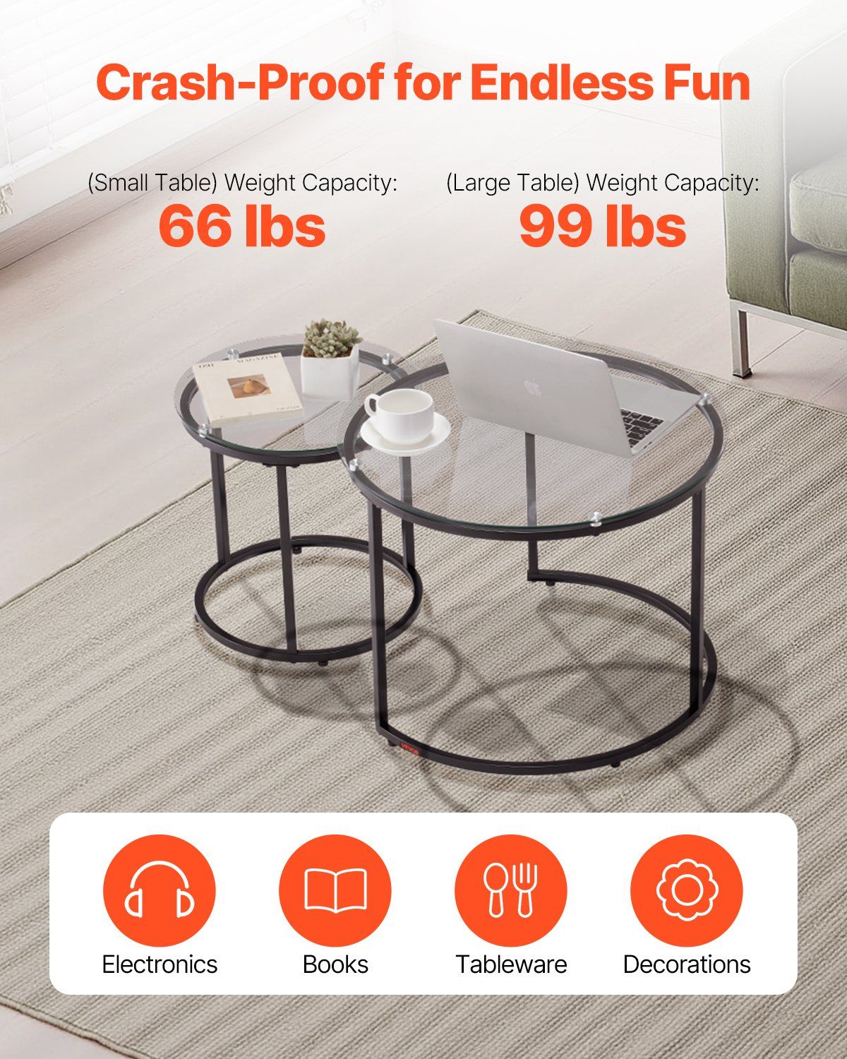 Nesting Coffee Table Set of 2, 600 mm Round Coffee Table, Glass Nesting Tables for Small Place, Modern End Side Tables Night Stand with Metal Frame, for Living Room, Bedroom, Balcony, Office
