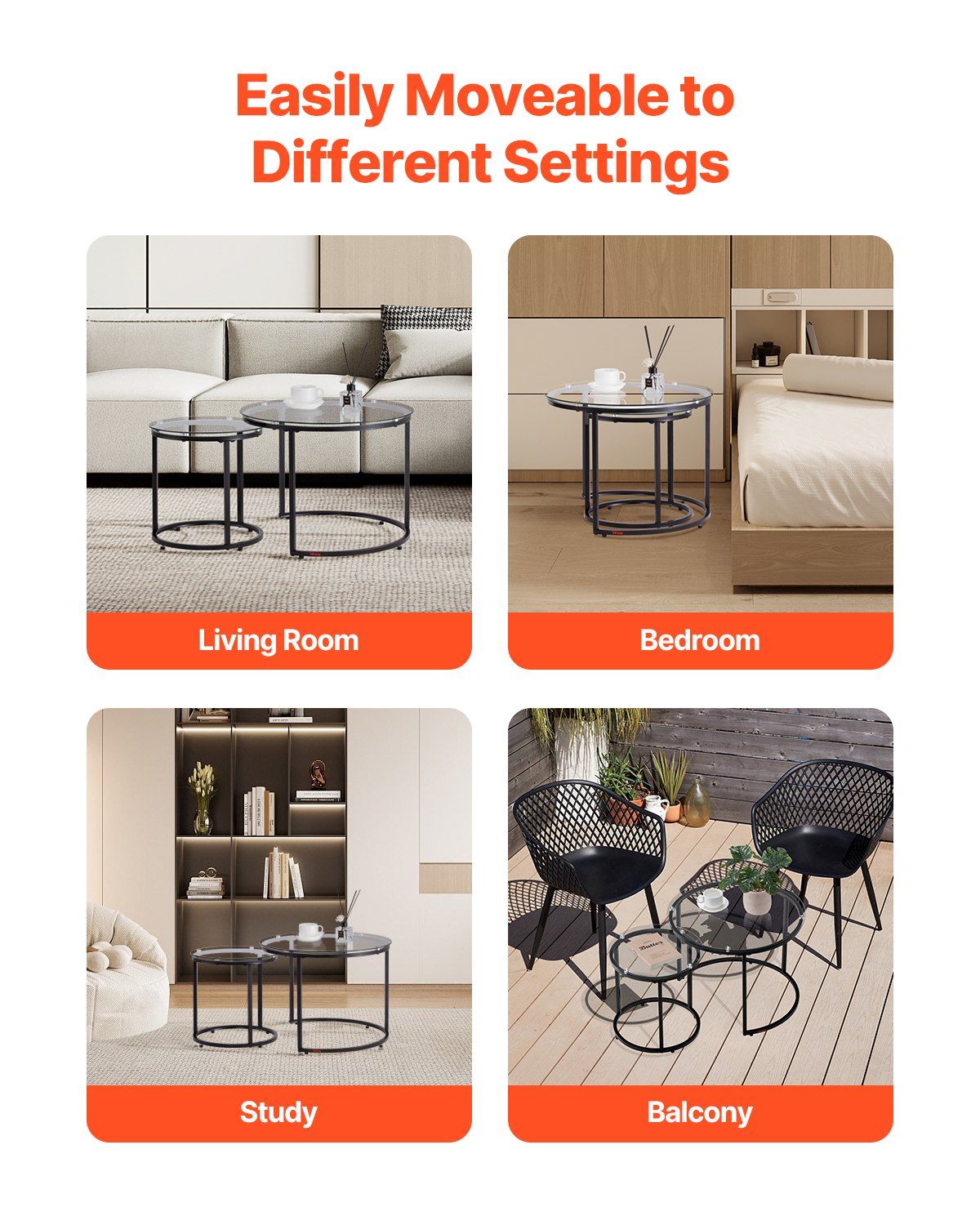 Nesting Coffee Table Set of 2, 600 mm Round Coffee Table, Glass Nesting Tables for Small Place, Modern End Side Tables Night Stand with Metal Frame, for Living Room, Bedroom, Balcony, Office