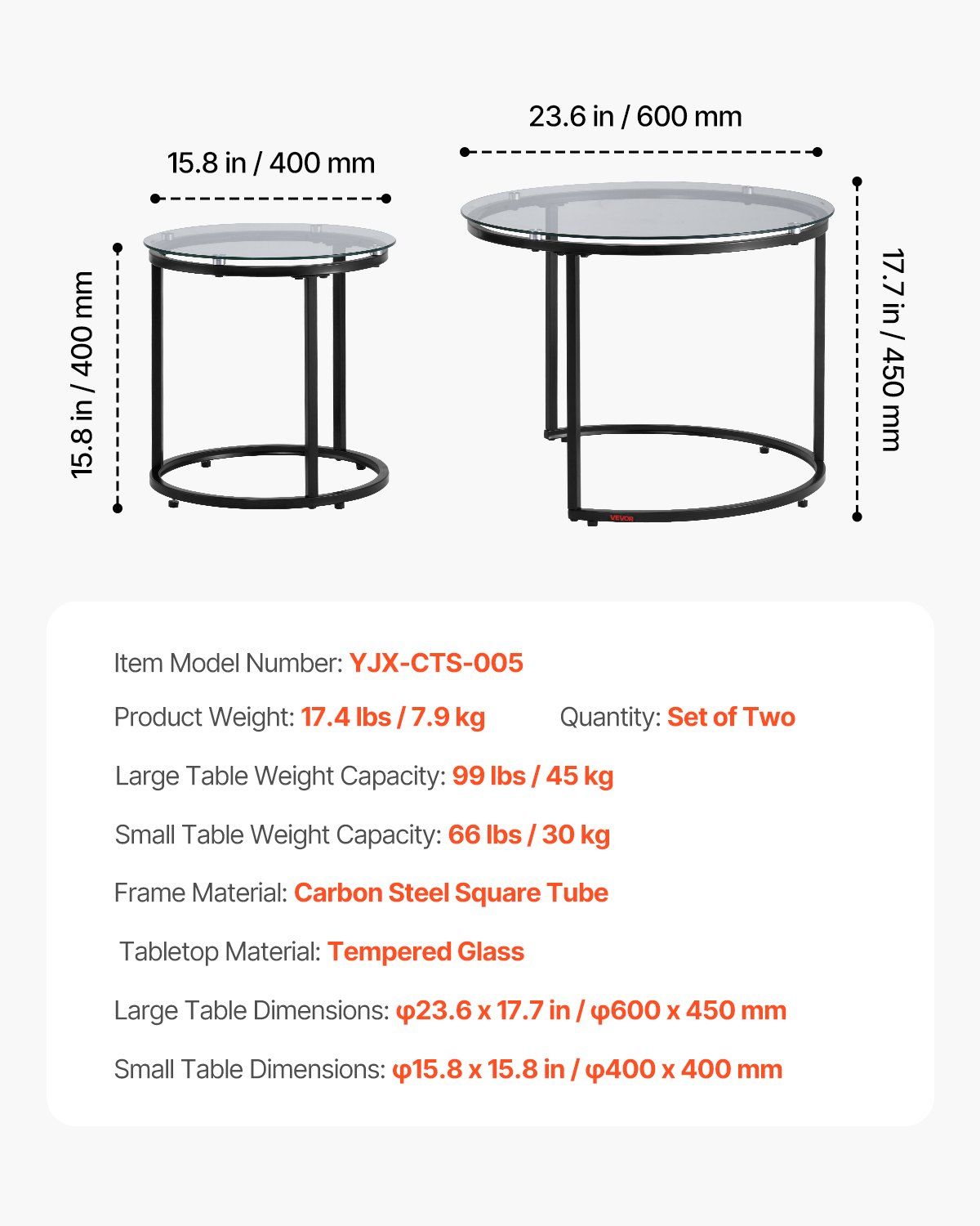 Nesting Coffee Table Set of 2, 600 mm Round Coffee Table, Glass Nesting Tables for Small Place, Modern End Side Tables Night Stand with Metal Frame, for Living Room, Bedroom, Balcony, Office