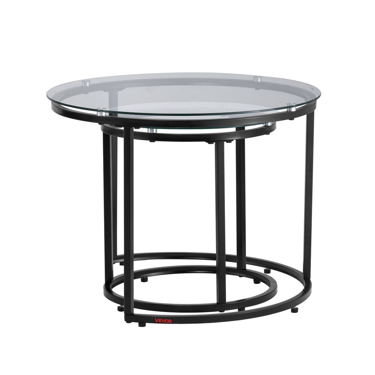 Nesting Coffee Table Set of 2, 600 mm Round Coffee Table, Glass Nesting Tables for Small Place, Modern End Side Tables Night Stand with Metal Frame, for Living Room, Bedroom, Balcony, Office
