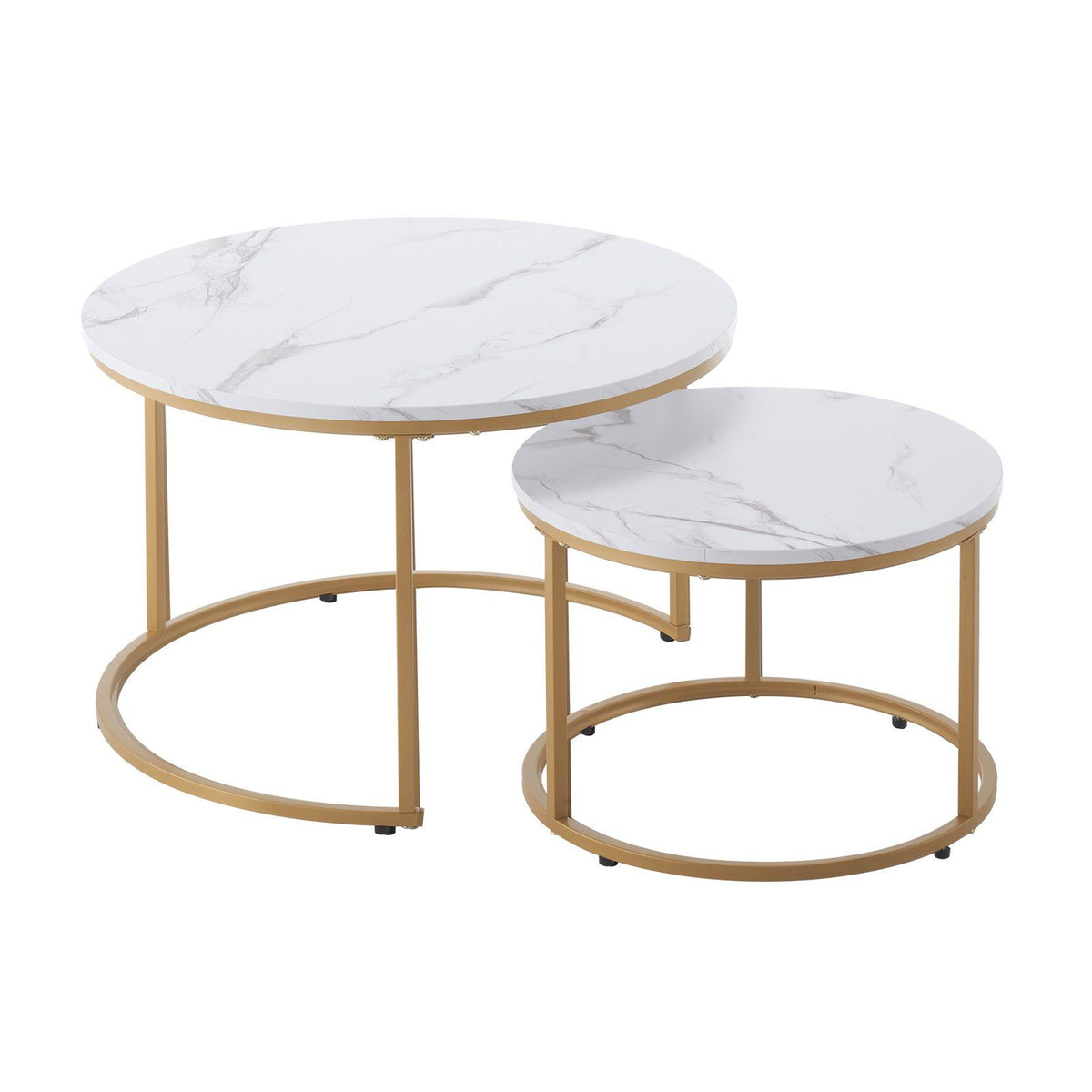 Nesting Coffee Table Set of 2, 700 mm Round Coffee Table, Nesting Tables for Small Place, Vintage End Side Tables Night Stand with Metal Frame, for Living Room, Bedroom, Office (White &amp; Gold)