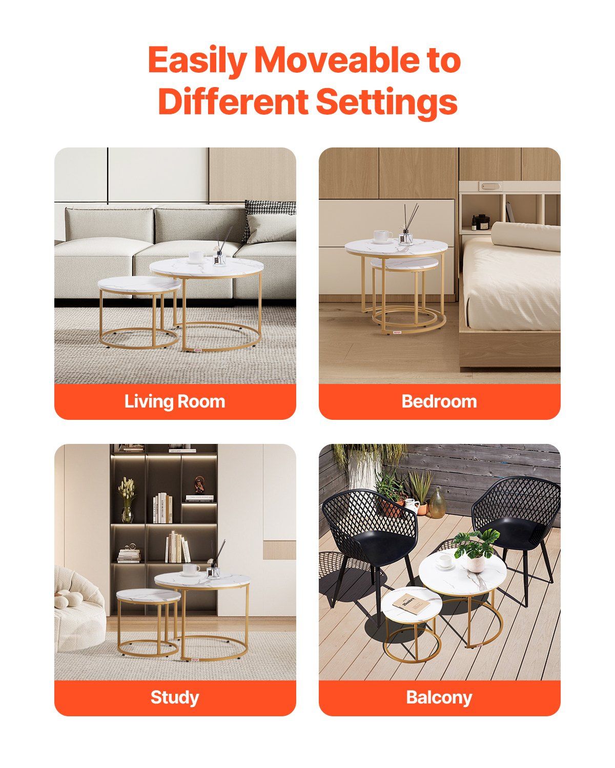 Nesting Coffee Table Set of 2, 700 mm Round Coffee Table, Nesting Tables for Small Place, Vintage End Side Tables Night Stand with Metal Frame, for Living Room, Bedroom, Office (White & Gold)