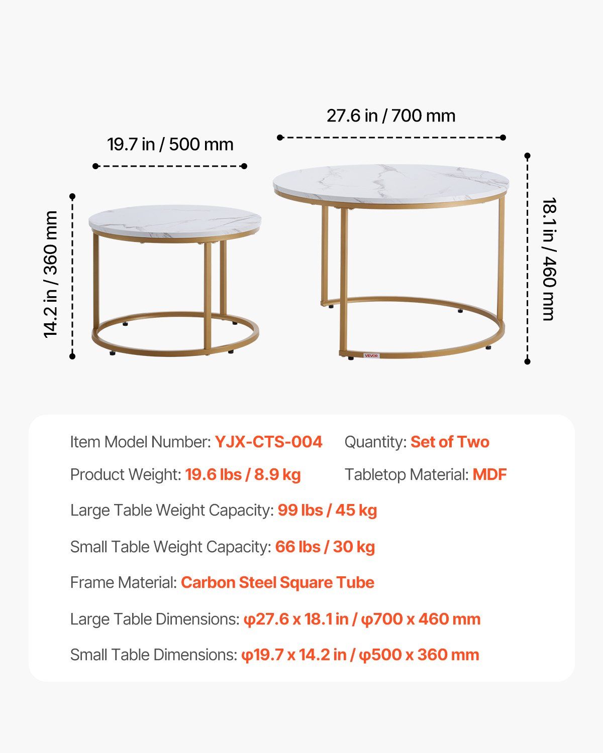 Nesting Coffee Table Set of 2, 700 mm Round Coffee Table, Nesting Tables for Small Place, Vintage End Side Tables Night Stand with Metal Frame, for Living Room, Bedroom, Office (White & Gold)