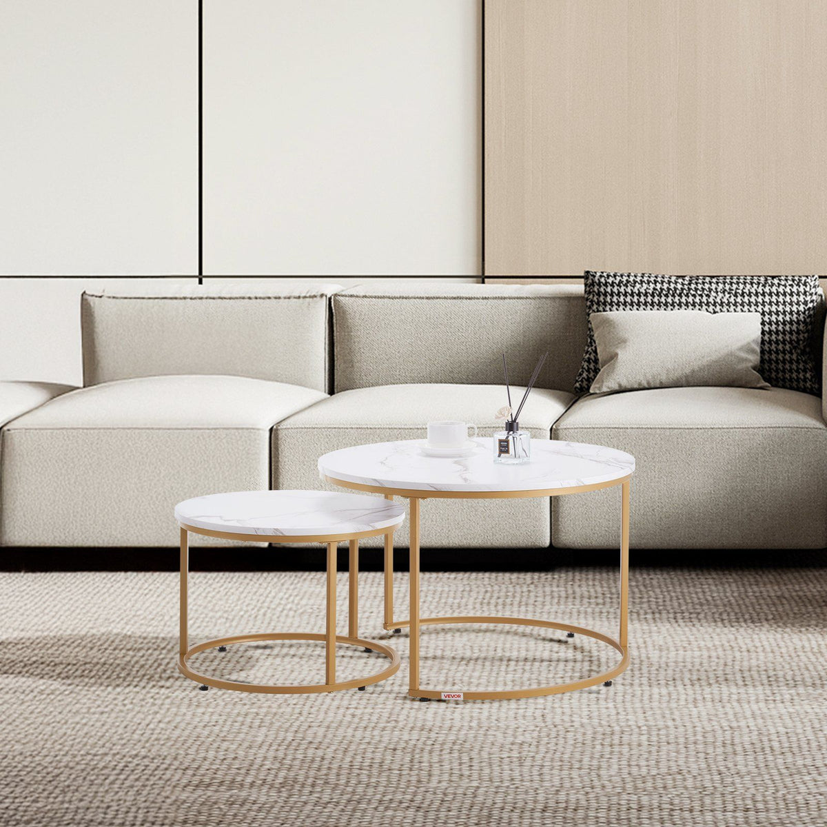 Nesting Coffee Table Set of 2, 700 mm Round Coffee Table, Nesting Tables for Small Place, Vintage End Side Tables Night Stand with Metal Frame, for Living Room, Bedroom, Office (White & Gold)