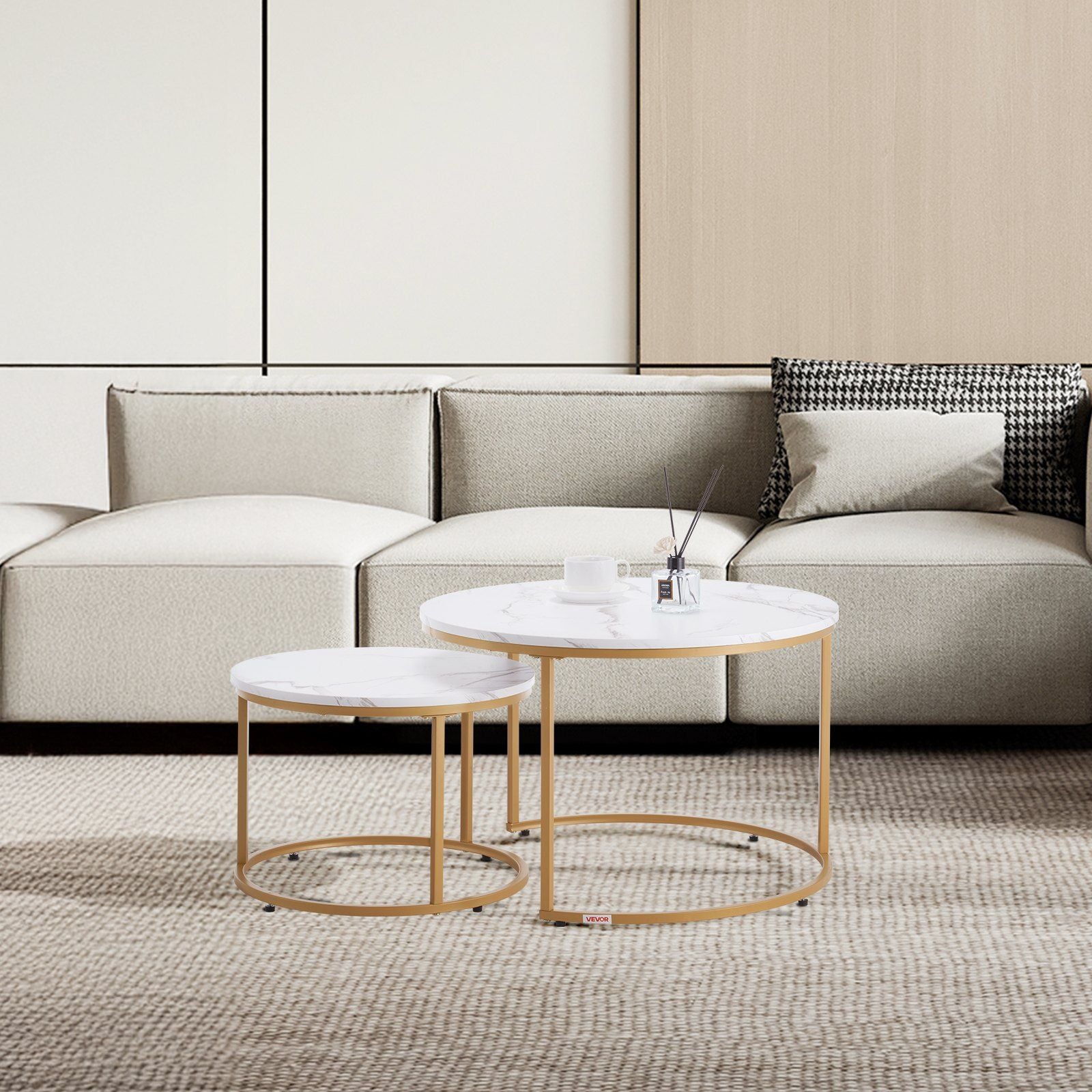 Nesting Coffee Table Set of 2, 700 mm Round Coffee Table, Nesting Tables for Small Place, Vintage End Side Tables Night Stand with Metal Frame, for Living Room, Bedroom, Office (White & Gold)