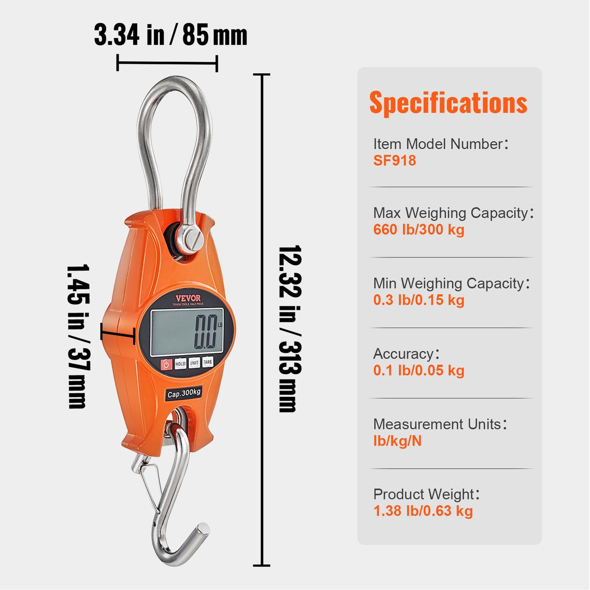 VEVOR Digital Crane Scale, 660 lbs/300 kg, Industrial Heavy Duty Hanging Scale with Cast Aluminum Case & LCD Screen, Handheld Mini Crane with Hooks for Farm, Hunting, Fishing, Outdoor, Garage (Orange)