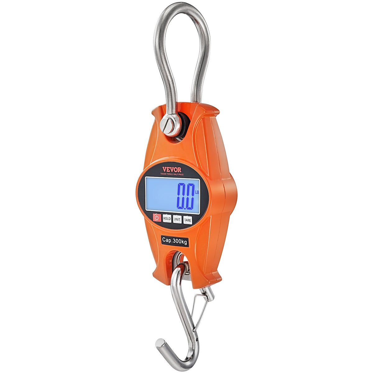 VEVOR Digital Crane Scale, 660 lbs/300 kg, Industrial Heavy Duty Hanging Scale with Cast Aluminum Case & LCD Screen, Handheld Mini Crane with Hooks for Farm, Hunting, Fishing, Outdoor, Garage (Orange)