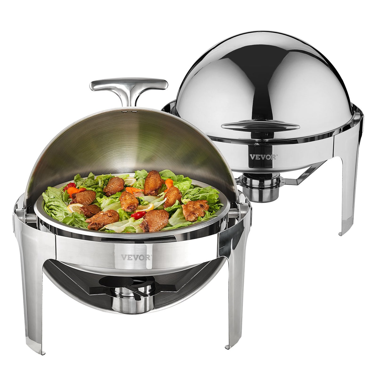 VEVOR Roll Top Chafing Dish Buffet Set, 5.5L 2 Pack, Stainless Steel Chafer with 2 Full Size Pans, Round Catering Warmer Server with Lid Water Pan Stand Fuel Holder, for at Least 5 People Each