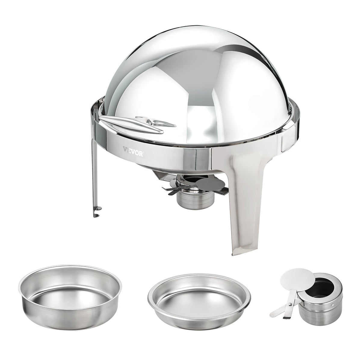 VEVOR Roll Top Chafing Dish Buffet Set, 5.5L 2 Pack, Stainless Steel Chafer with 2 Full Size Pans, Round Catering Warmer Server with Lid Water Pan Stand Fuel Holder, for at Least 5 People Each