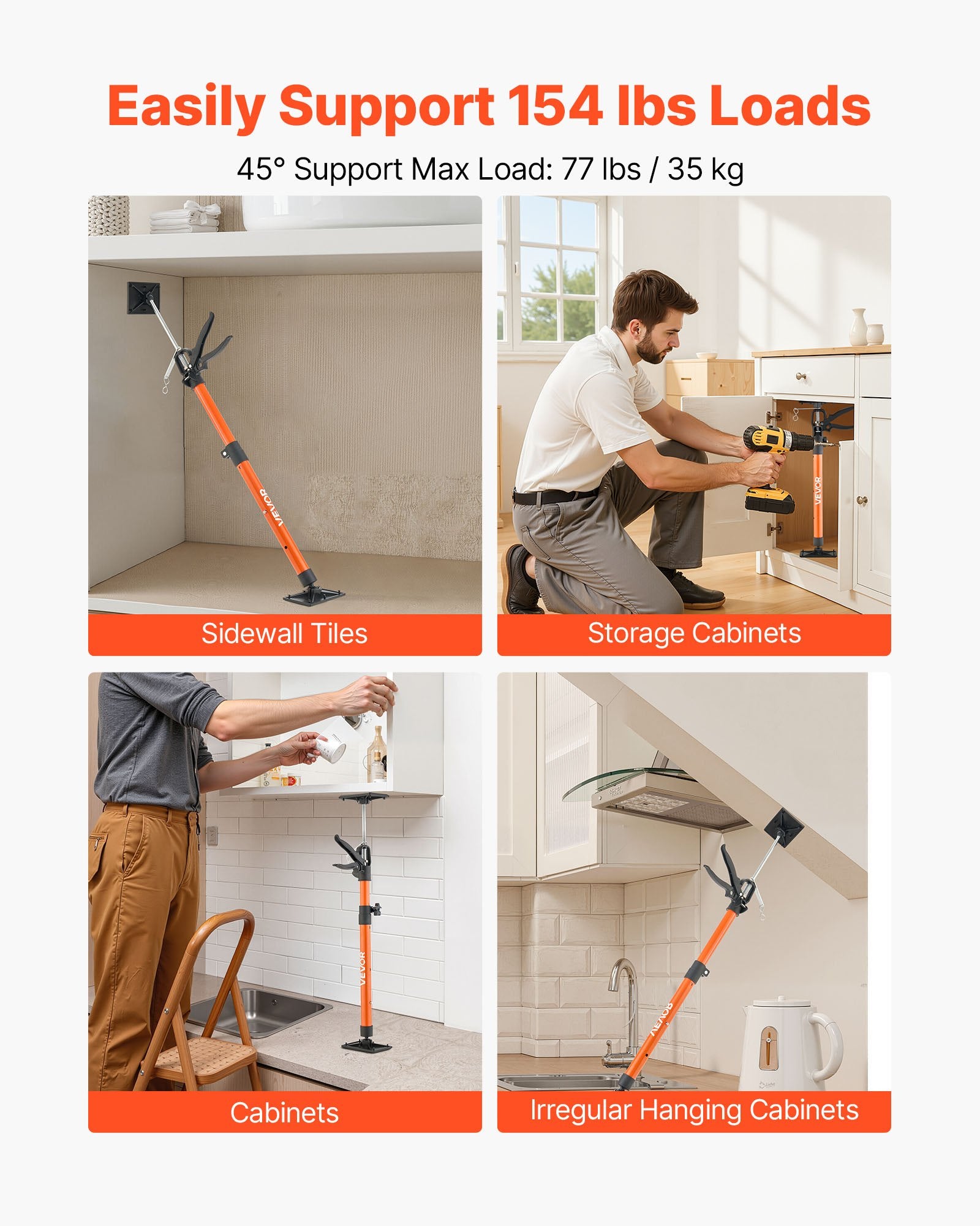 VEVOR Cabinet Jack Support Pole, 2-Pack, 54-155 cm Steel Telescopic Quick Support Rod, Adjustable 3rd Hand System up to 70 kg Capacity for Installing Cabinets, Lifting Drywall, Cargo Bars
