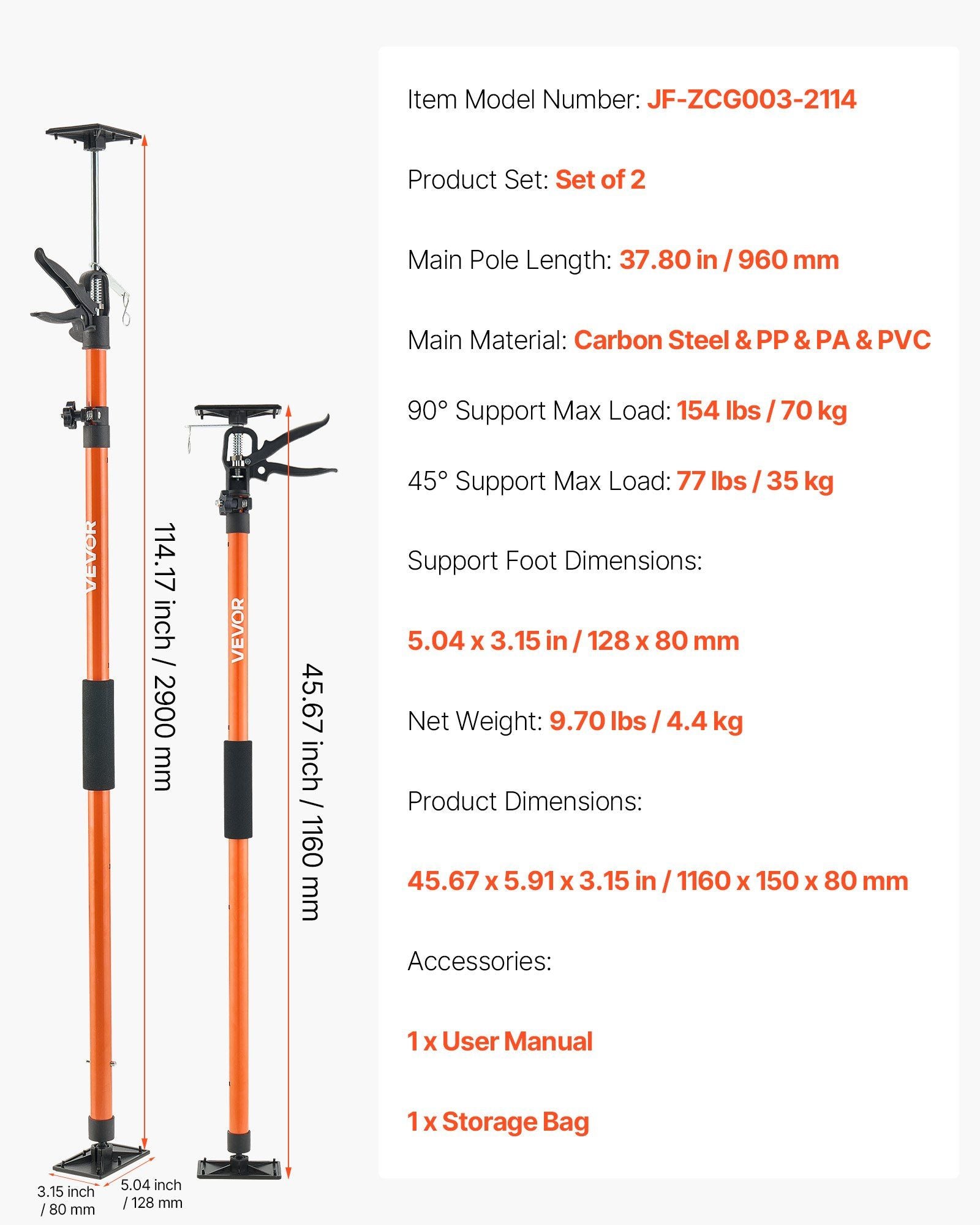 Cabinet Jack Support Pole, 2-Pack, 116-290 cm Steel Telescopic Quick Support Rod, Adjustable 3rd Hand System up to 70 kg Capacity for Installing Cabinets, Lifting Drywall, Cargo Bars