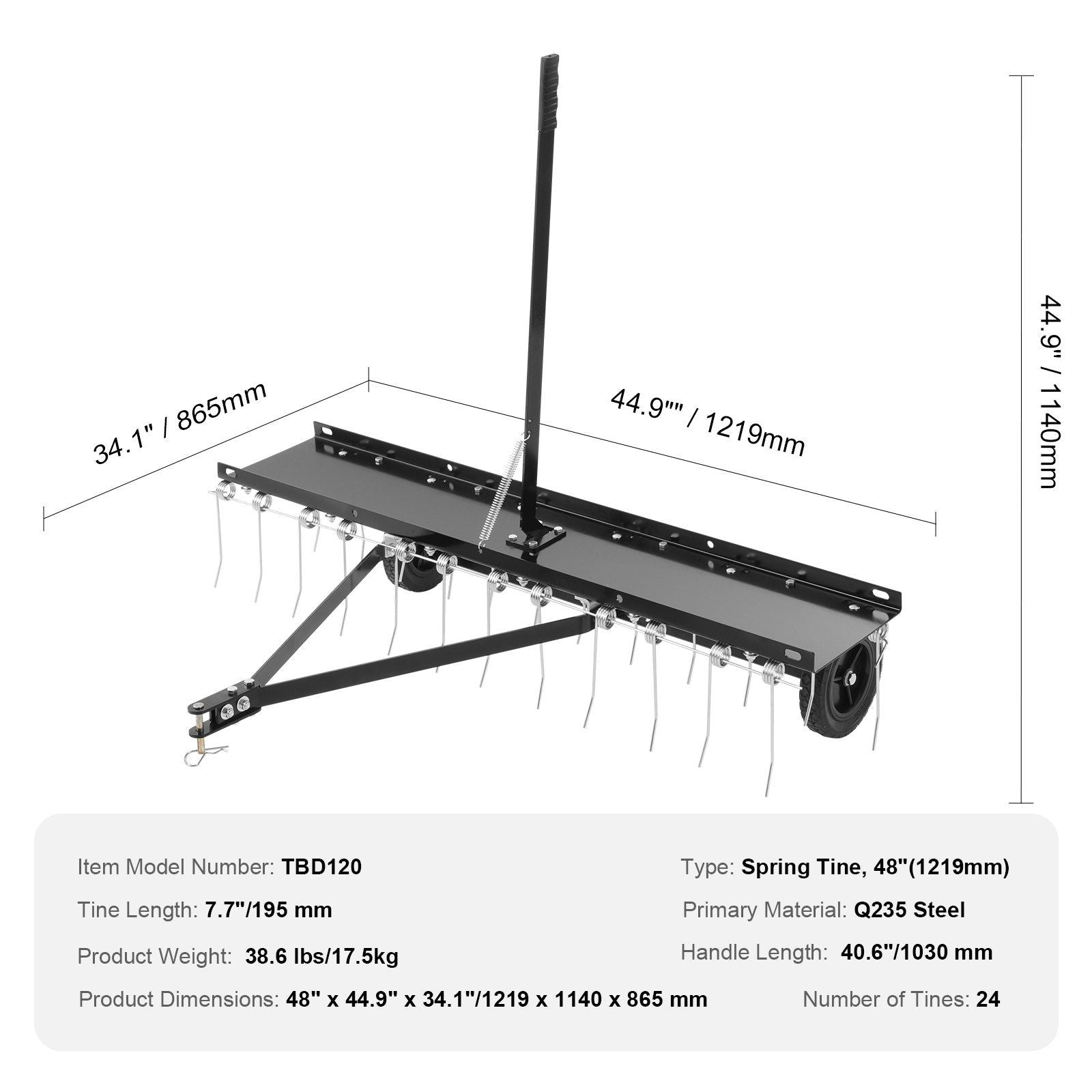 Tow Behind Dethatcher, 1219mm Tow Dethatcher with 24 Spring Steel Tines, Lawn Dethatcher Rake for ATV or Mower, Tow Behind Lawn Rake with Lift Handle for Garden Farm Grass