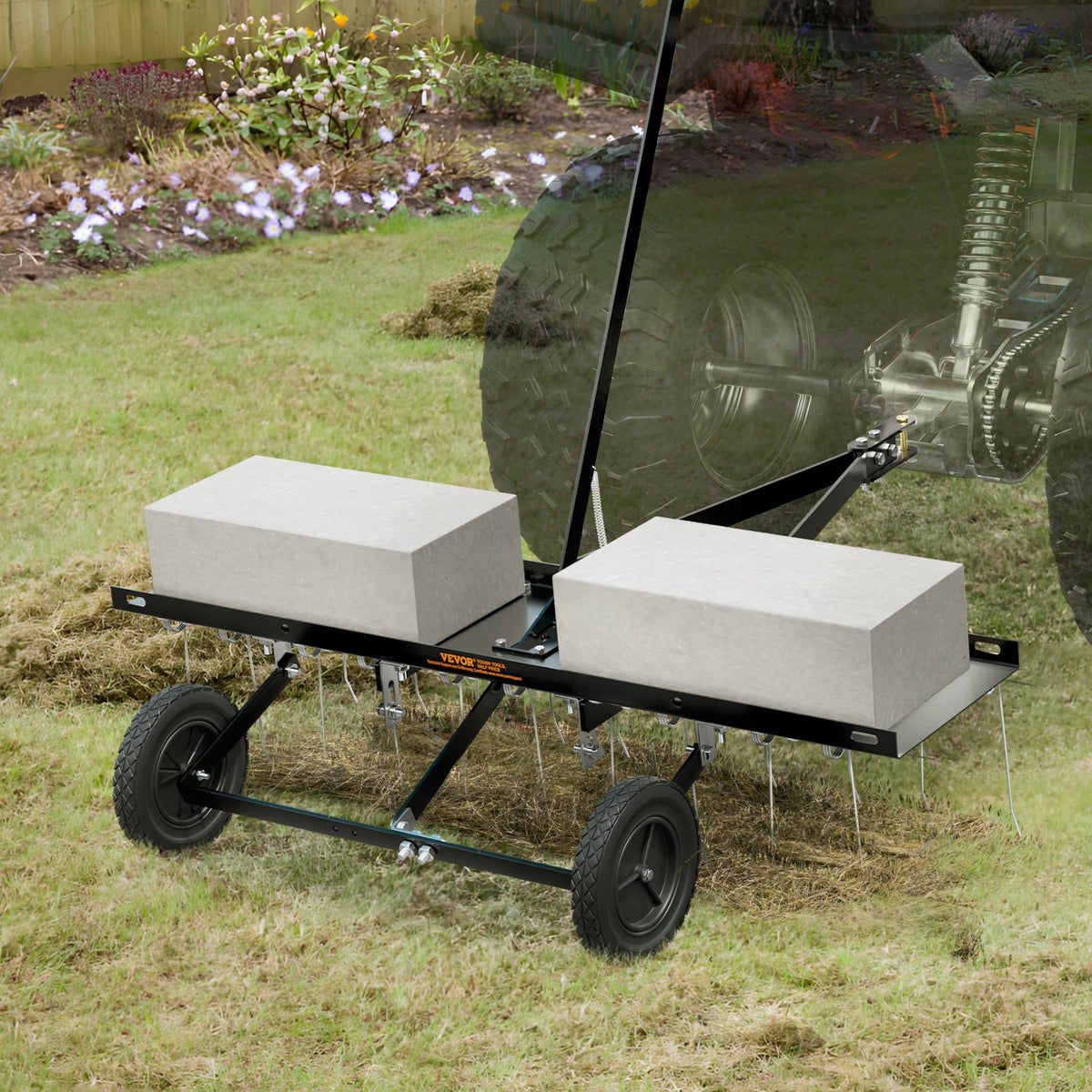 VEVOR Tow Behind Dethatcher, 1015mm Tow Dethatcher with 20 Spring Steel Tines, Lawn Dethatcher Rake for ATV or Mower, Tow Behind Lawn Rake with Lift Handle for Garden Farm Grass