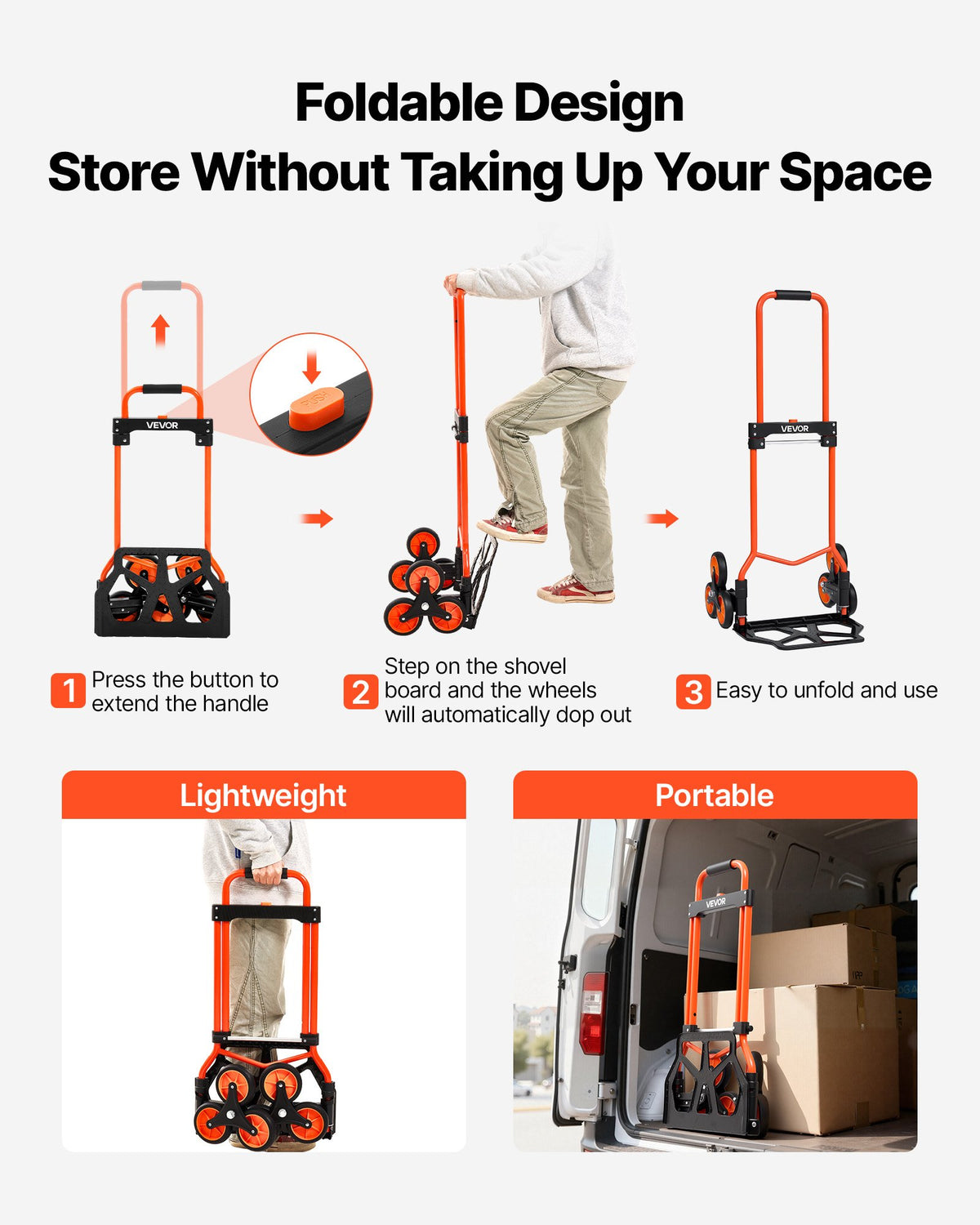 VEVOR Stair Climbing Cart, 54 kg Stair-Climbing Capacity, Portable Folding Trolley Cart with Telescoping Handle, 6 Wheels and 2 Bungee Cords, Stair Climber Dolly for Home, Groceries, Warehouse