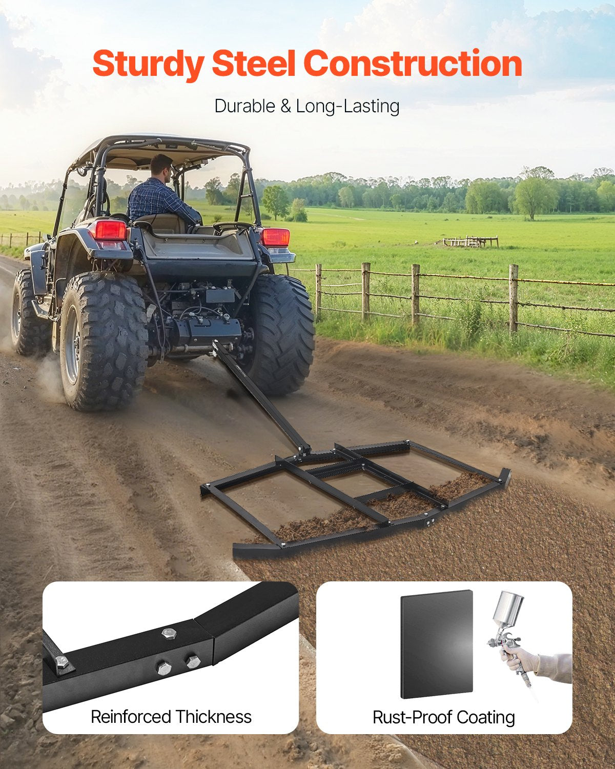 VEVOR Drag Harrow, 74" Width Tow Behind Drag Harrow, Q235 Steel Driveway Grader with Adjustable Bars & Pin Hitch, Support up to 50 lbs, Tractor Driveway Harrow for ATVs, UTVs, Garden Lawn Tractors