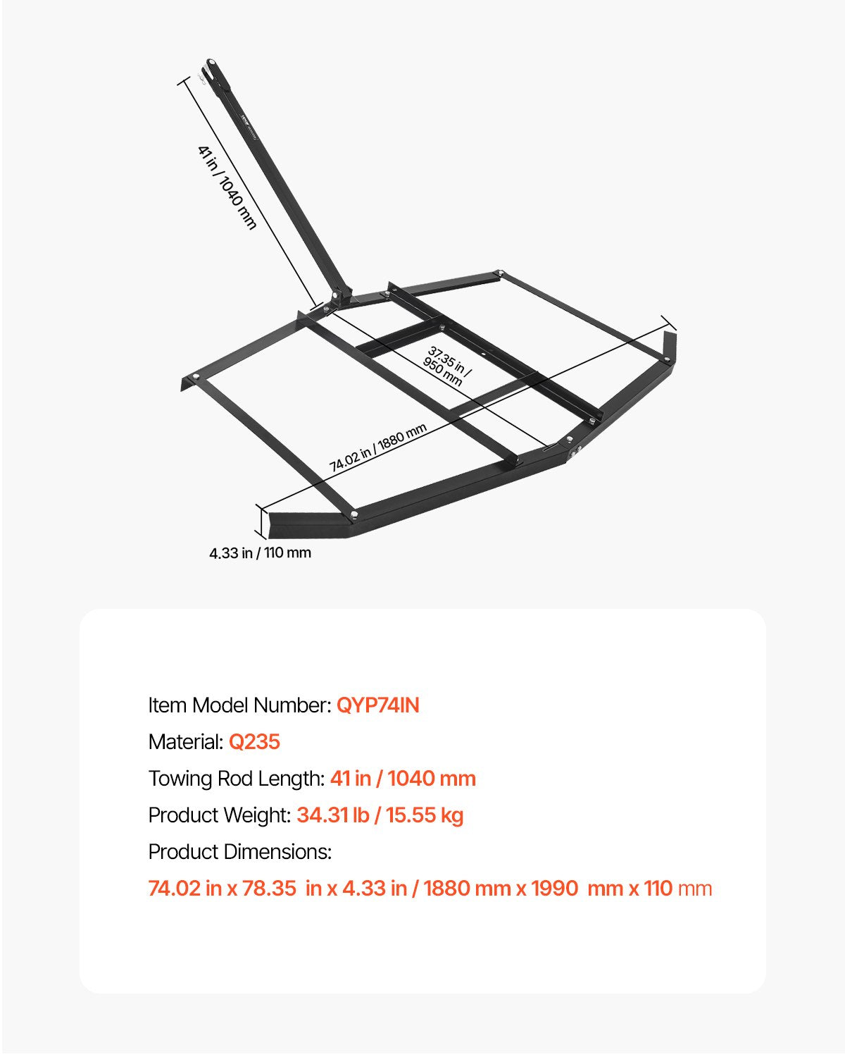 VEVOR Drag Harrow, 74" Width Tow Behind Drag Harrow, Q235 Steel Driveway Grader with Adjustable Bars & Pin Hitch, Support up to 50 lbs, Tractor Driveway Harrow for ATVs, UTVs, Garden Lawn Tractors