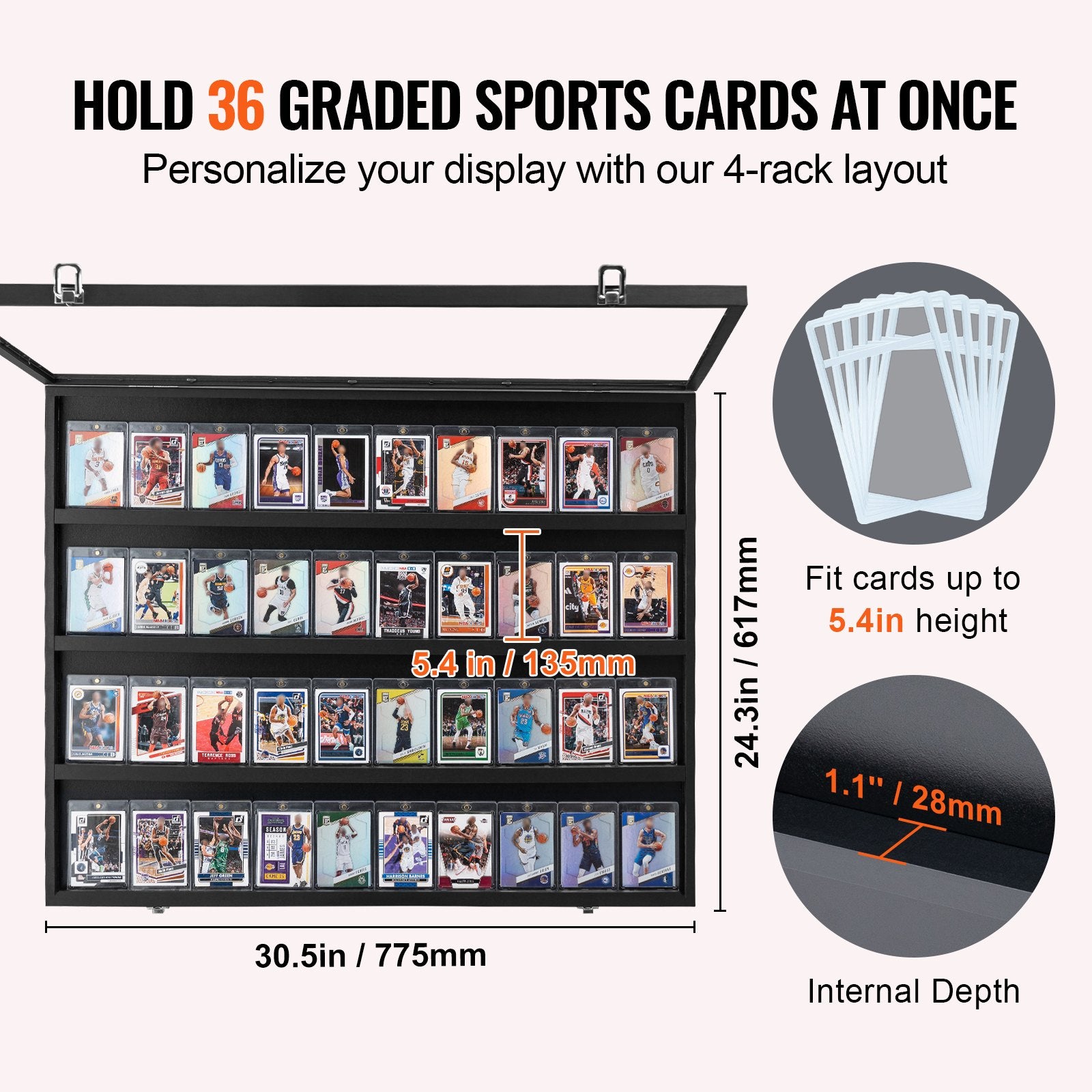 VEVOR 36 Graded Sports Card Display Case, 775 x 617 x 55 mm, Baseball Card Display Frame with 98% UV Protection Clear View PC Glass, Lockable Wall Cabinet for Football Basketball Hockey Trading Card