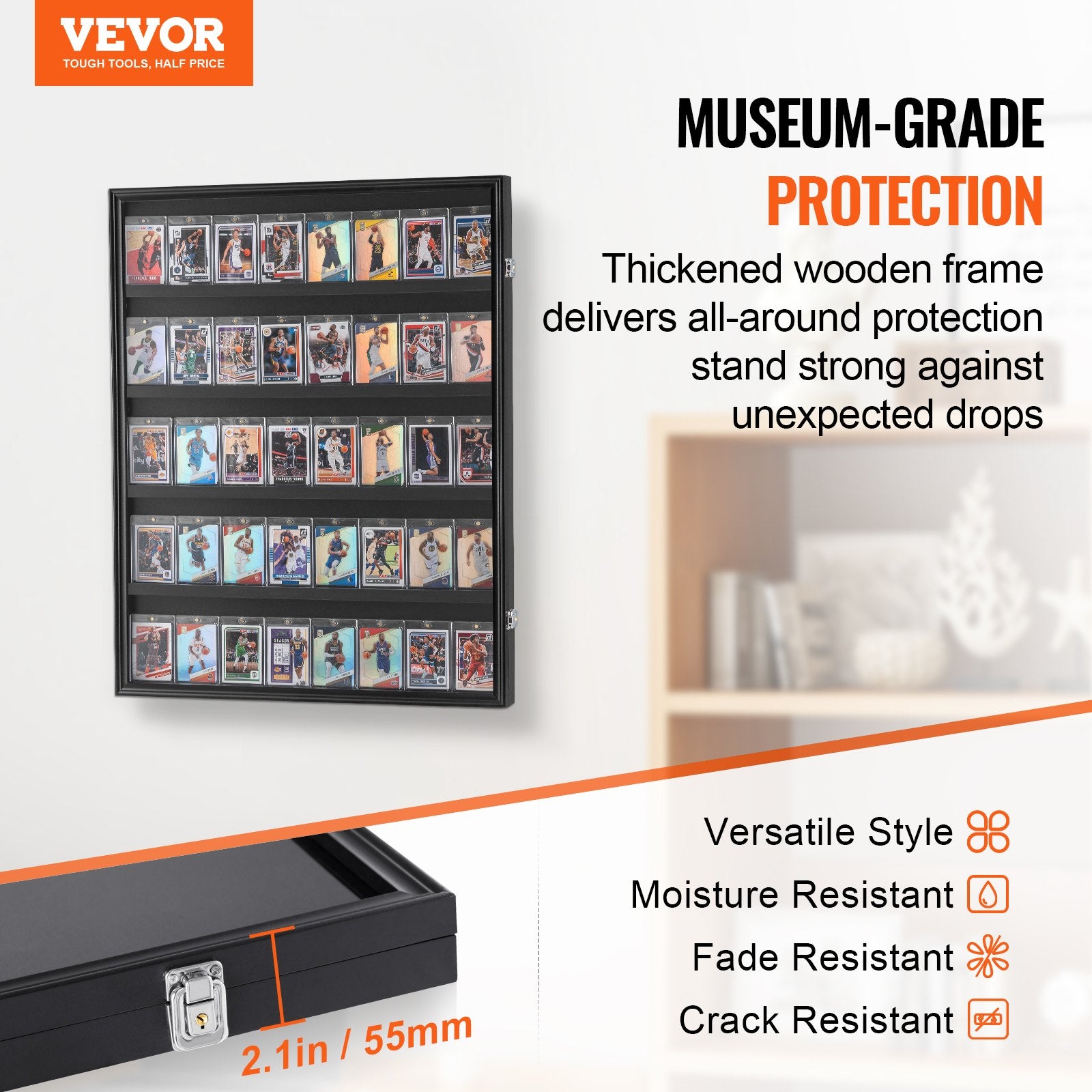 VEVOR 35 Graded Sports Card Display Case, 617 x 775 x 55 mm, Baseball Card Display Frame with 98% UV Protection Clear View PC Glass, Lockable Wall Cabinet for Football Basketball Hockey Trading Card
