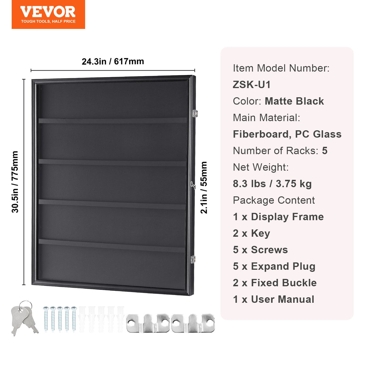 VEVOR 35 Graded Sports Card Display Case, 617 x 775 x 55 mm, Baseball Card Display Frame with 98% UV Protection Clear View PC Glass, Lockable Wall Cabinet for Football Basketball Hockey Trading Card