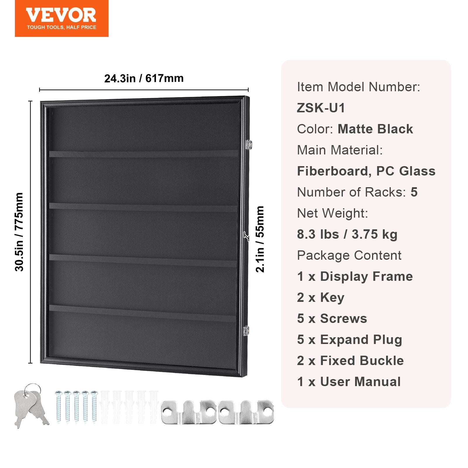 VEVOR 35 Graded Sports Card Display Case, 617 x 775 x 55 mm, Baseball Card Display Frame with 98% UV Protection Clear View PC Glass, Lockable Wall Cabinet for Football Basketball Hockey Trading Card