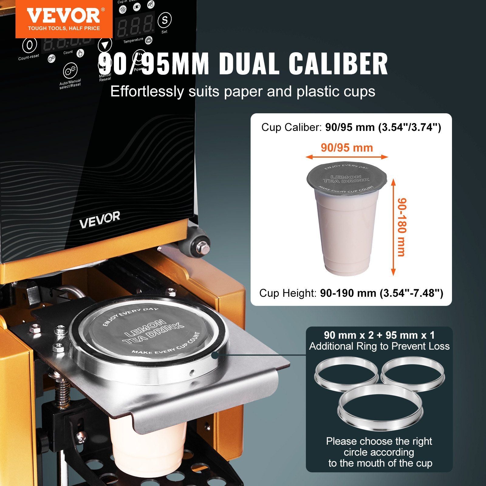 Fully Automatic Cup Sealing Machine, 500-650 Cups/H, Cup Sealer Machine for 190 mm Tall & 90/95 mm Cup, Electric Boba Tea Sealer with Digital Control LCD Panel for Bubble Milk Tea Coffee, Gold